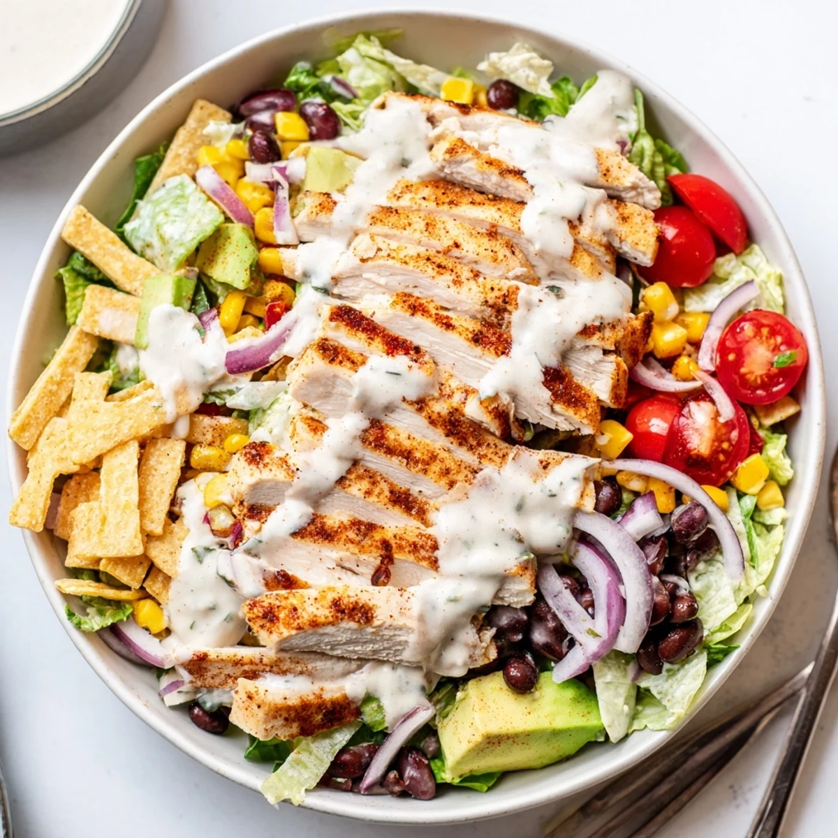 Bowl of Spicy Southwest Salad With Spicy Ranch Dressing tossed with avocado, cilantro