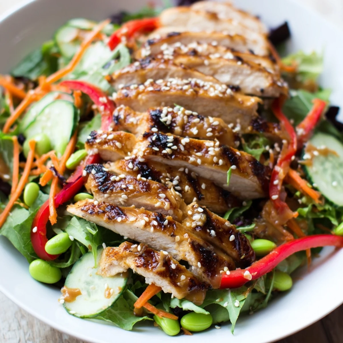 Sesame Chicken Salad with glazed chicken slices, crunchy vegetables, and sesame drizzle