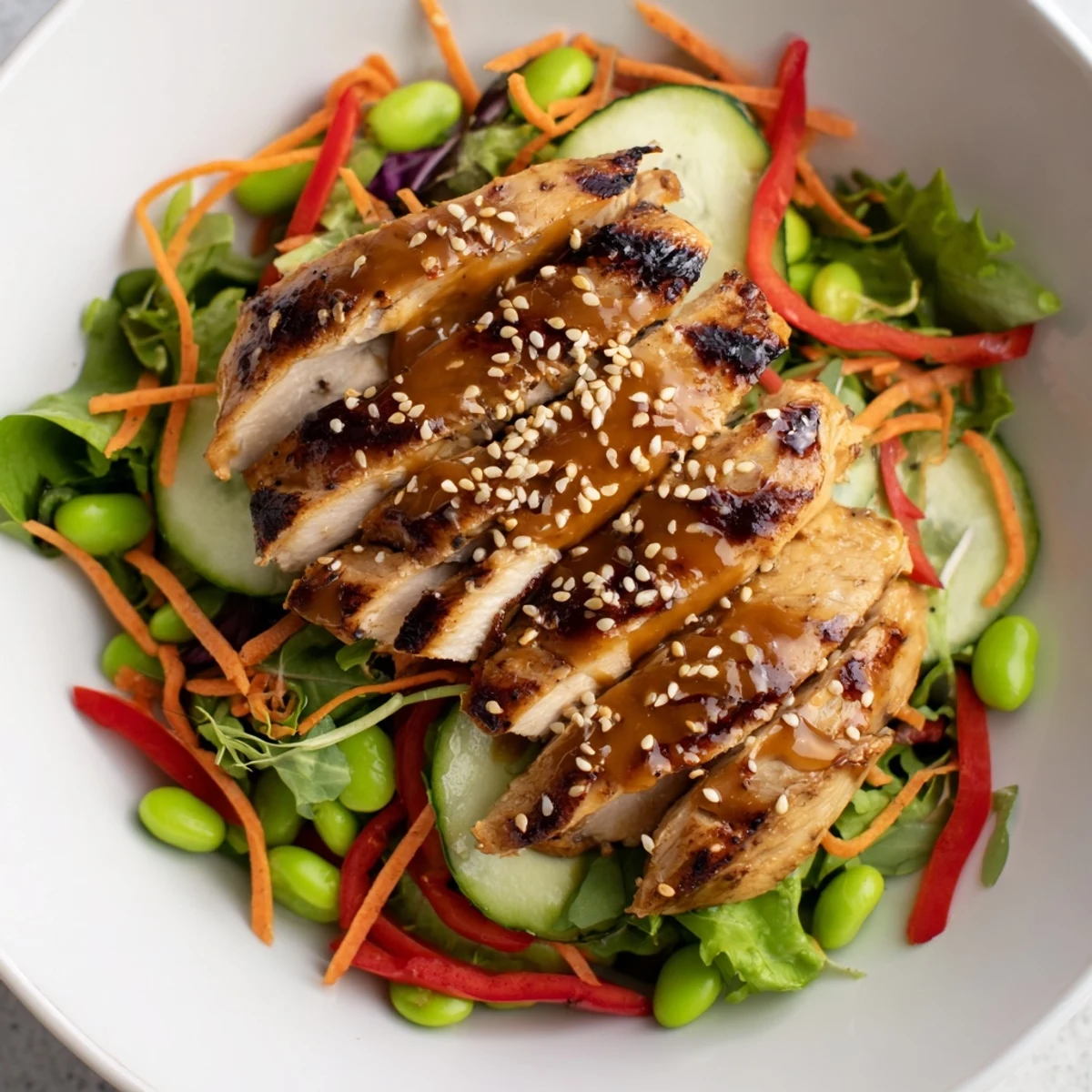 Bright Sesame Chicken Salad on platter, tangy dressing and toasted sesame seeds