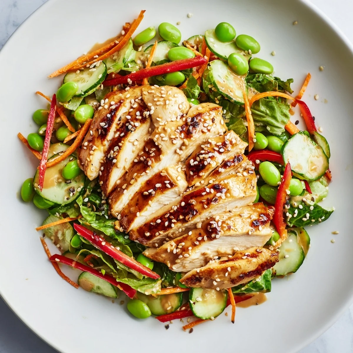 Tender sliced Sesame Chicken Salad served over mixed greens, crunchy carrots