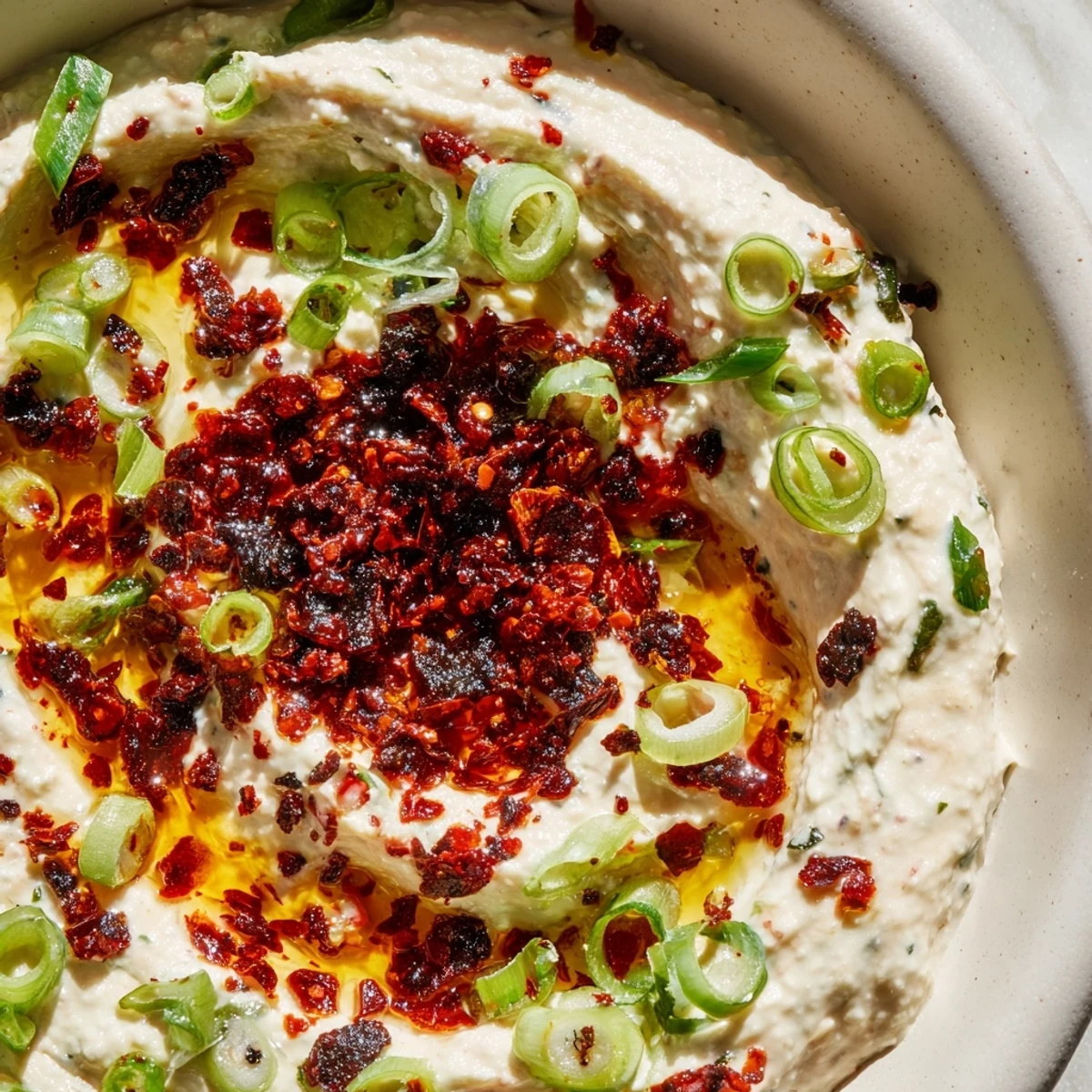 Rustic bowl of charred scallion and chili crisp dip with fresh scallion garnish