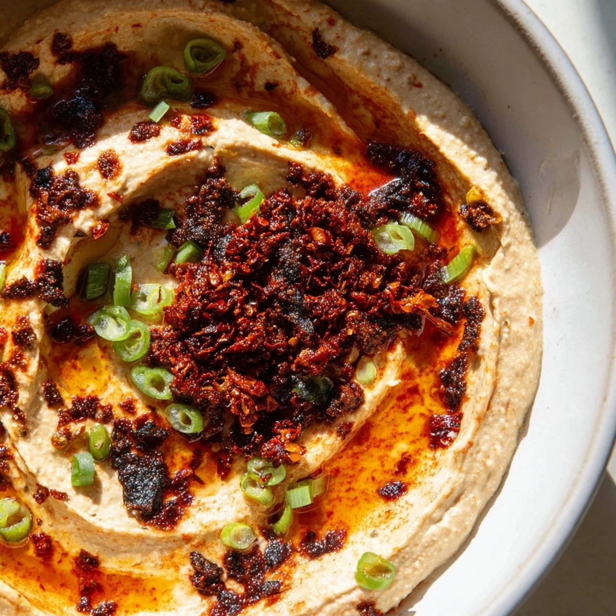 Smoky charred scallion and chili crisp dip served alongside crisp vegetable sticks