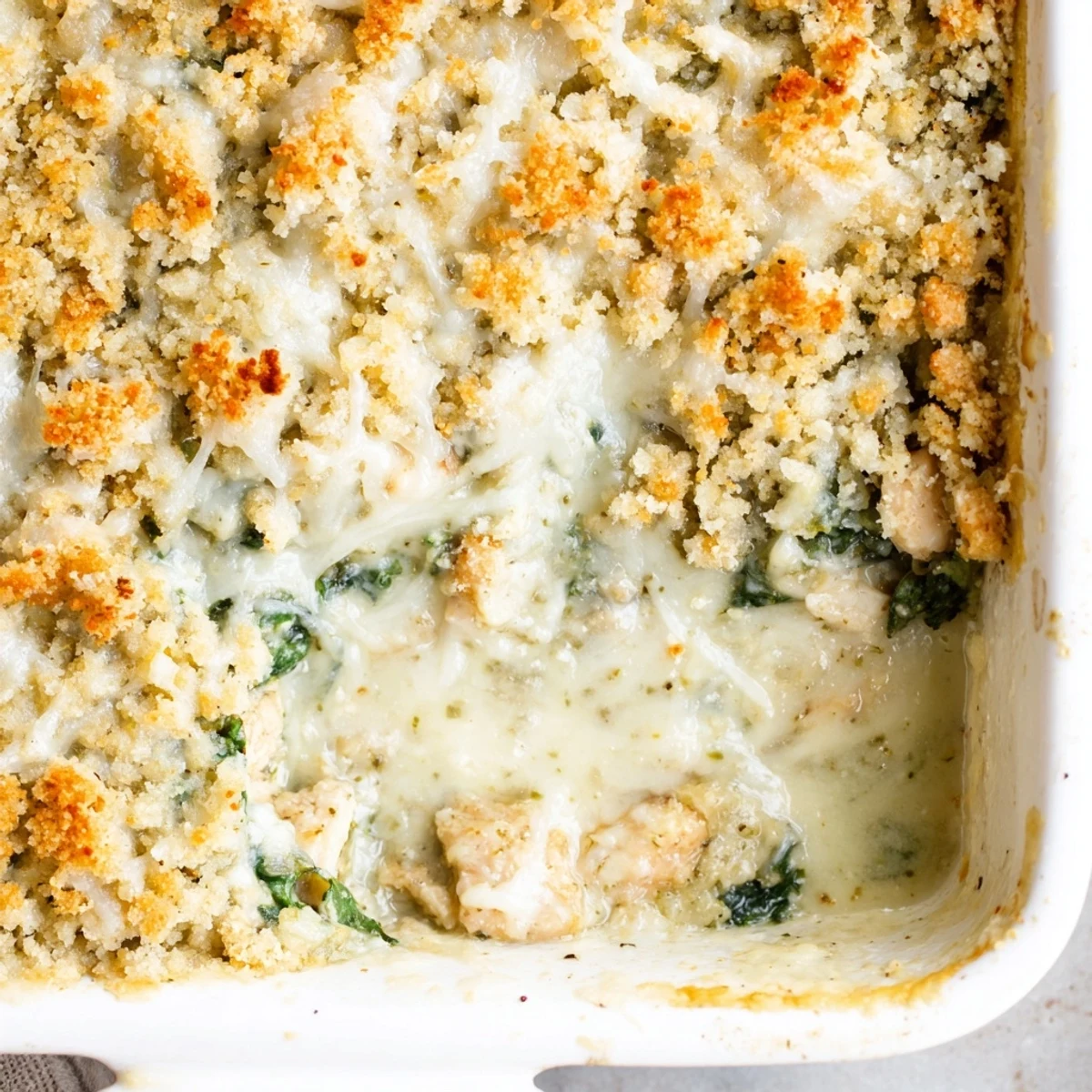 Golden bubbling creamy chicken spinach casserole fresh from the oven with melted cheese topping