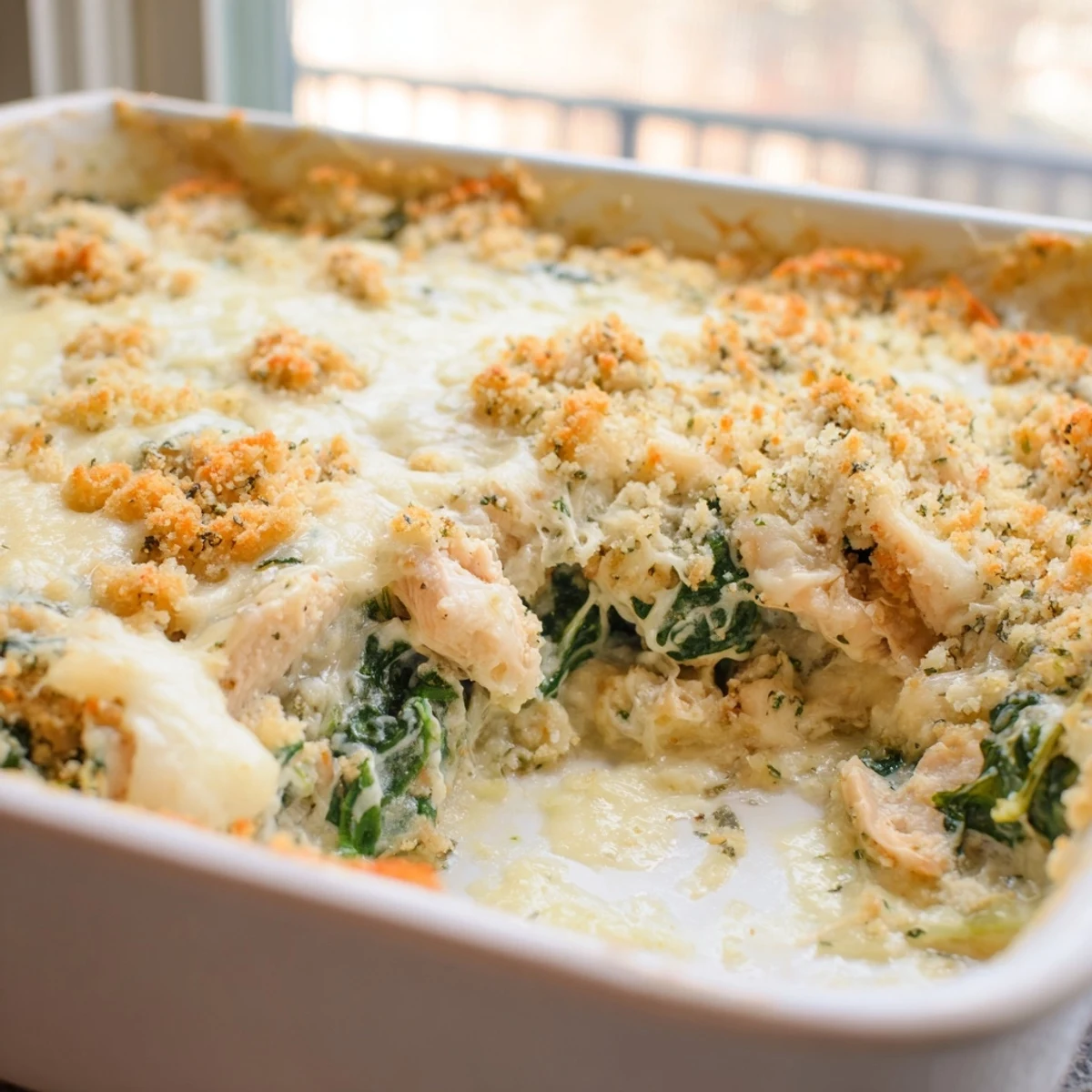 Creamy chicken spinach casserole in a rustic baking dish with golden breadcrumb crust