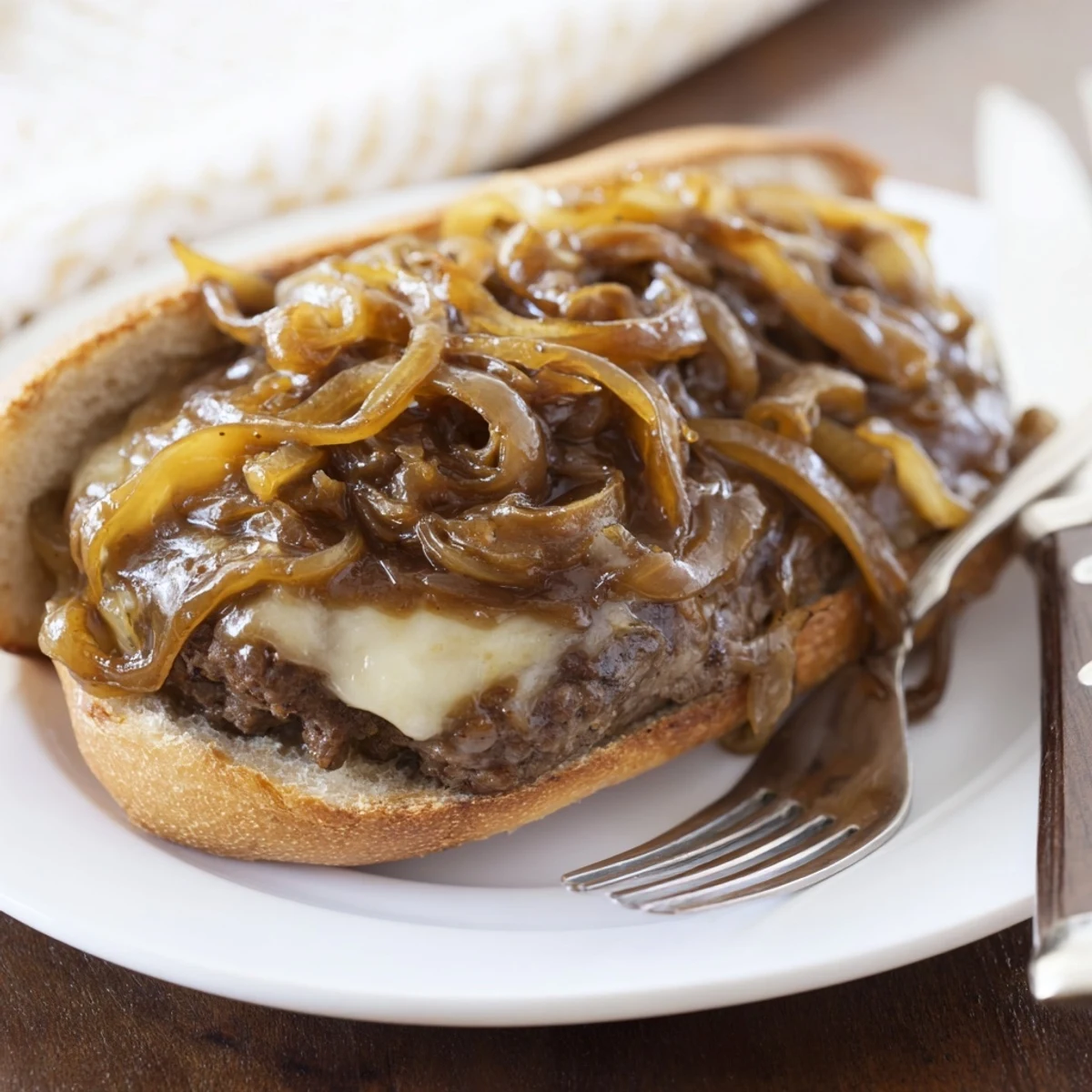 Juicy smothered hamburger steak sandwiches dripping with rich, golden caramelized onion gravy