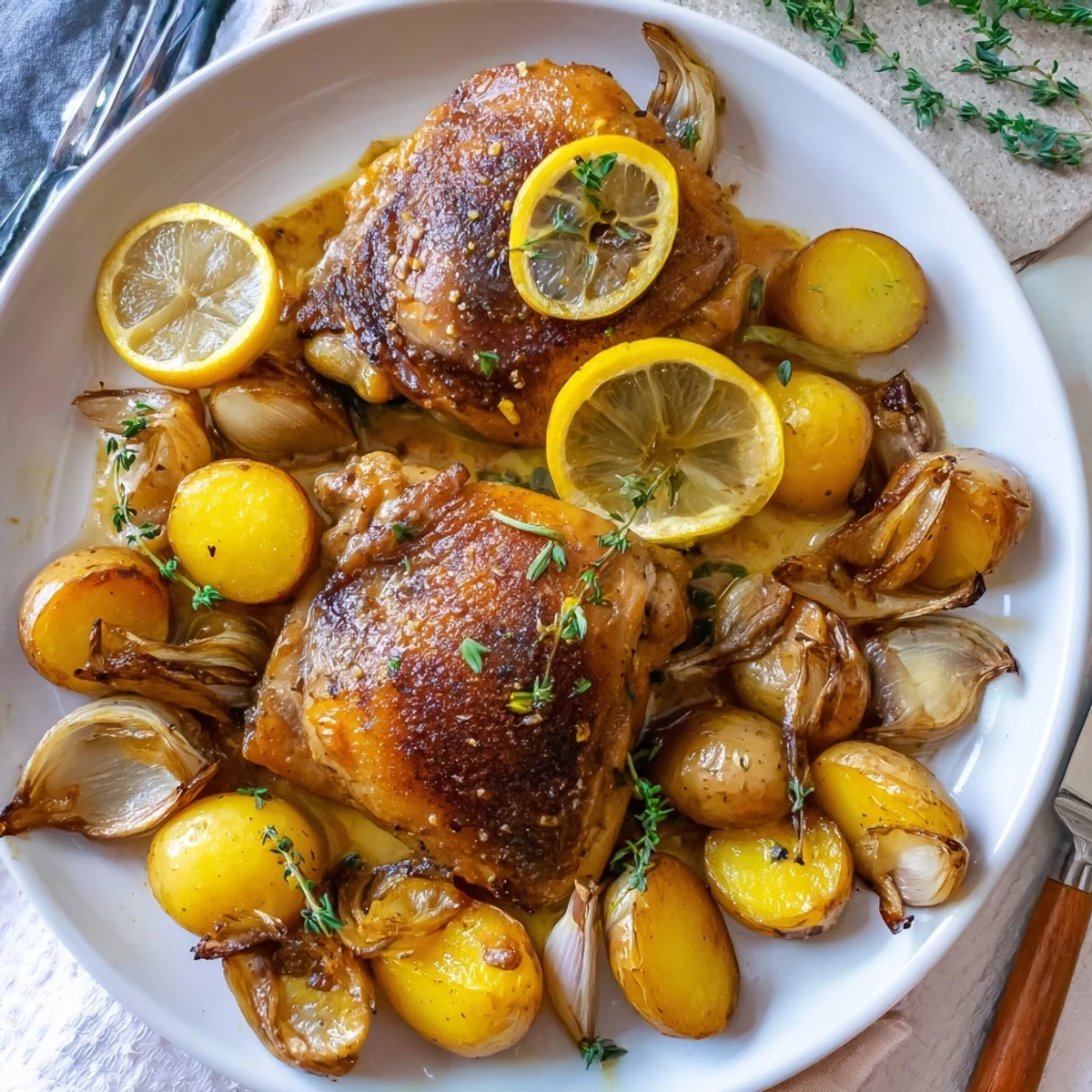 Crispy baked honey lemon chicken and potatoes glistening with golden pan juices on a rustic sheet pan