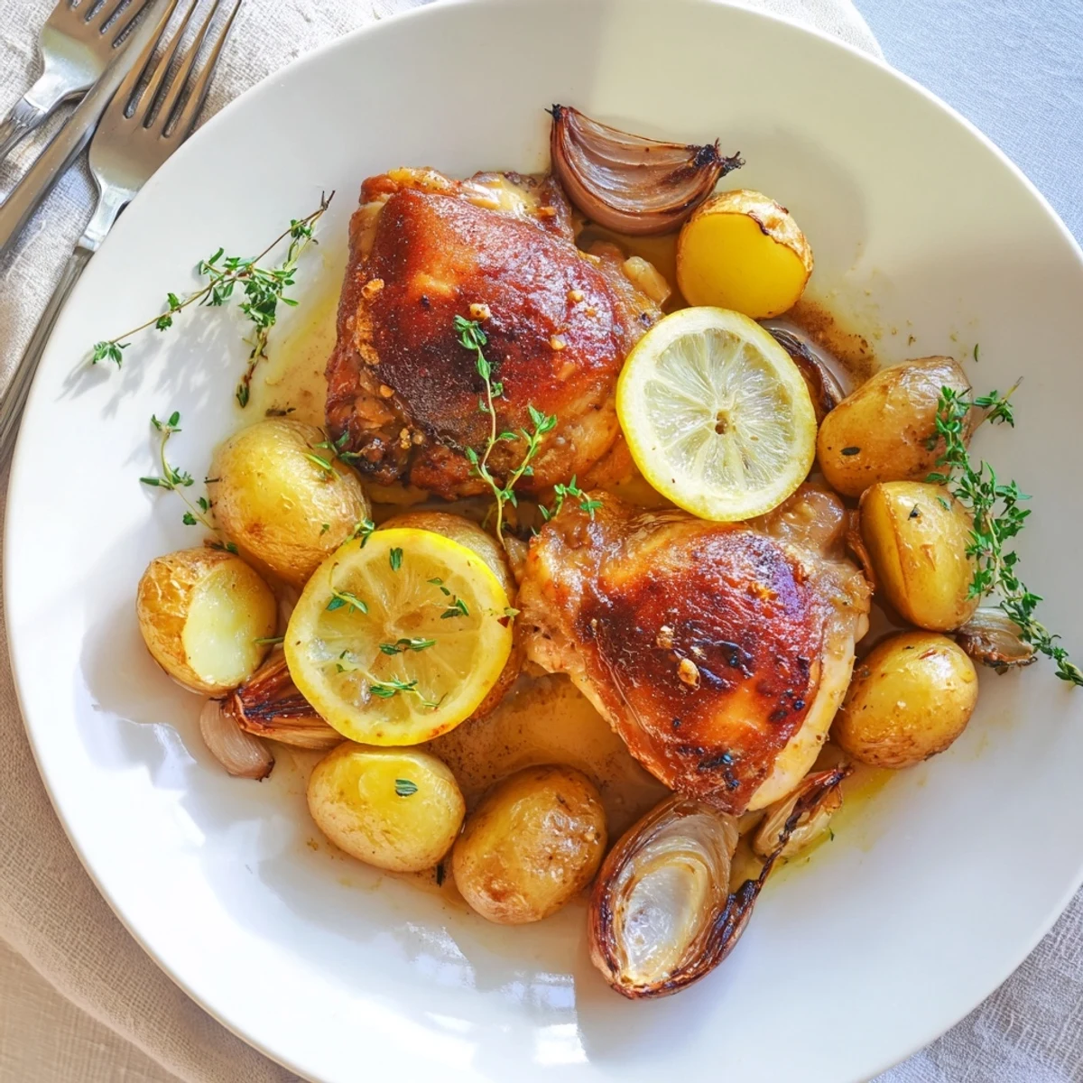 Juicy baked honey lemon chicken and potatoes drizzled with sticky sweet-tangy sauce and fresh lemon slices