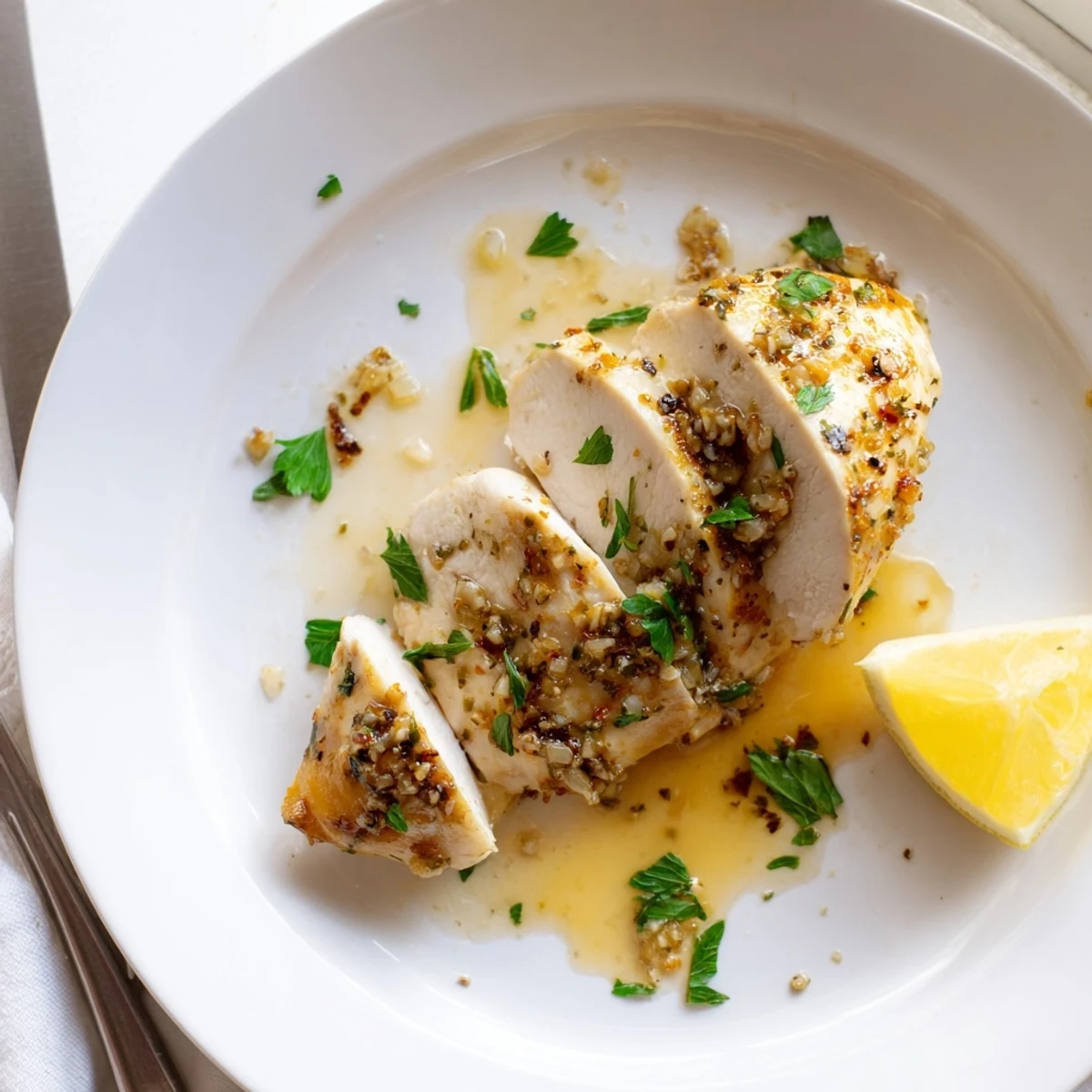 Golden garlic butter baked chicken breast glistening with herb sauce on a warm plate