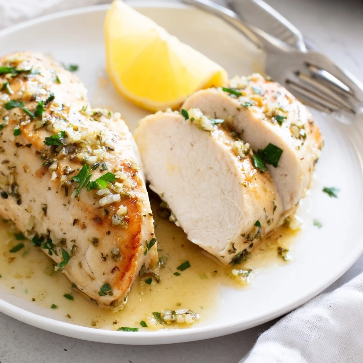 Crispy-topped garlic butter baked chicken breast surrounded by roasted vegetables and fresh lemon wedges