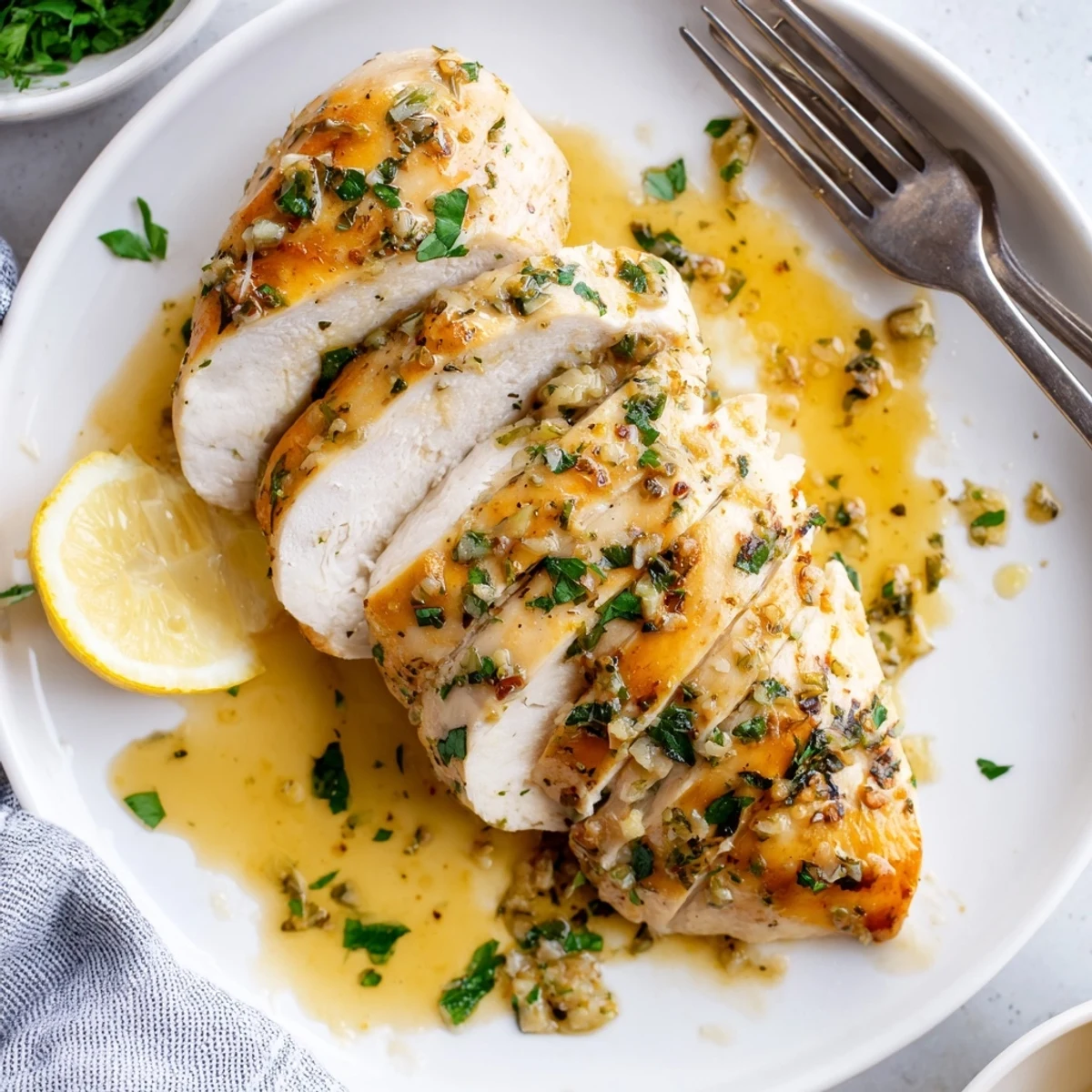 Juicy garlic butter baked chicken breast sliced open revealing tender meat with parsley garnish