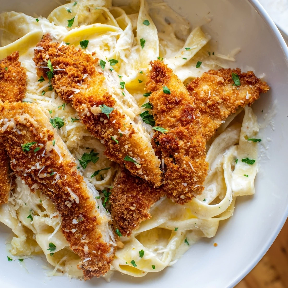 Crispy chicken Alfredo with golden breaded cutlets resting on a bed of creamy fettuccine