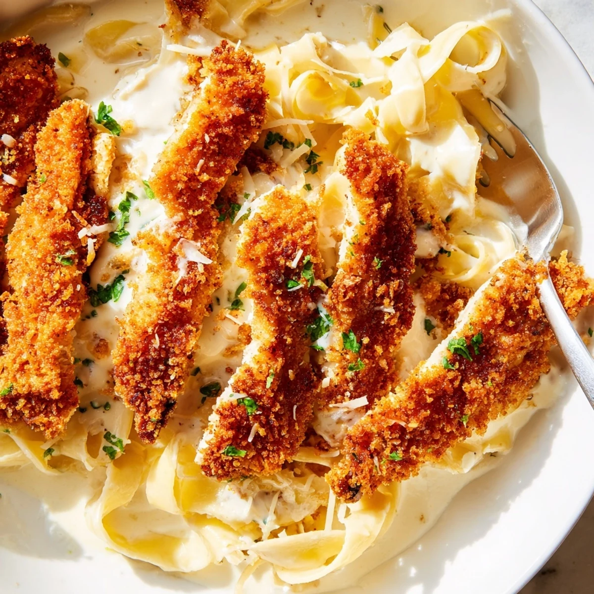 Creamy crispy chicken Alfredo topped with fresh parsley in a white serving bowl