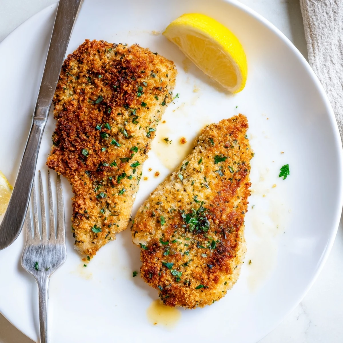 Golden baked Savory Herbed Parmesan Chicken with crispy herb crust on a rustic baking sheet