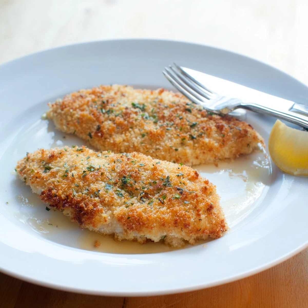Savory Herbed Parmesan Chicken sliced open revealing juicy meat topped with fresh parsley garnish