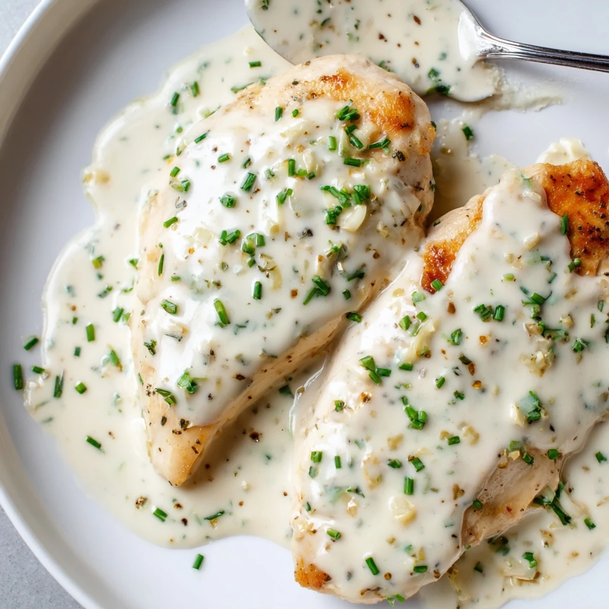 Creamy cream cheese chicken smothered in a rich garlic Parmesan sauce on a white plate