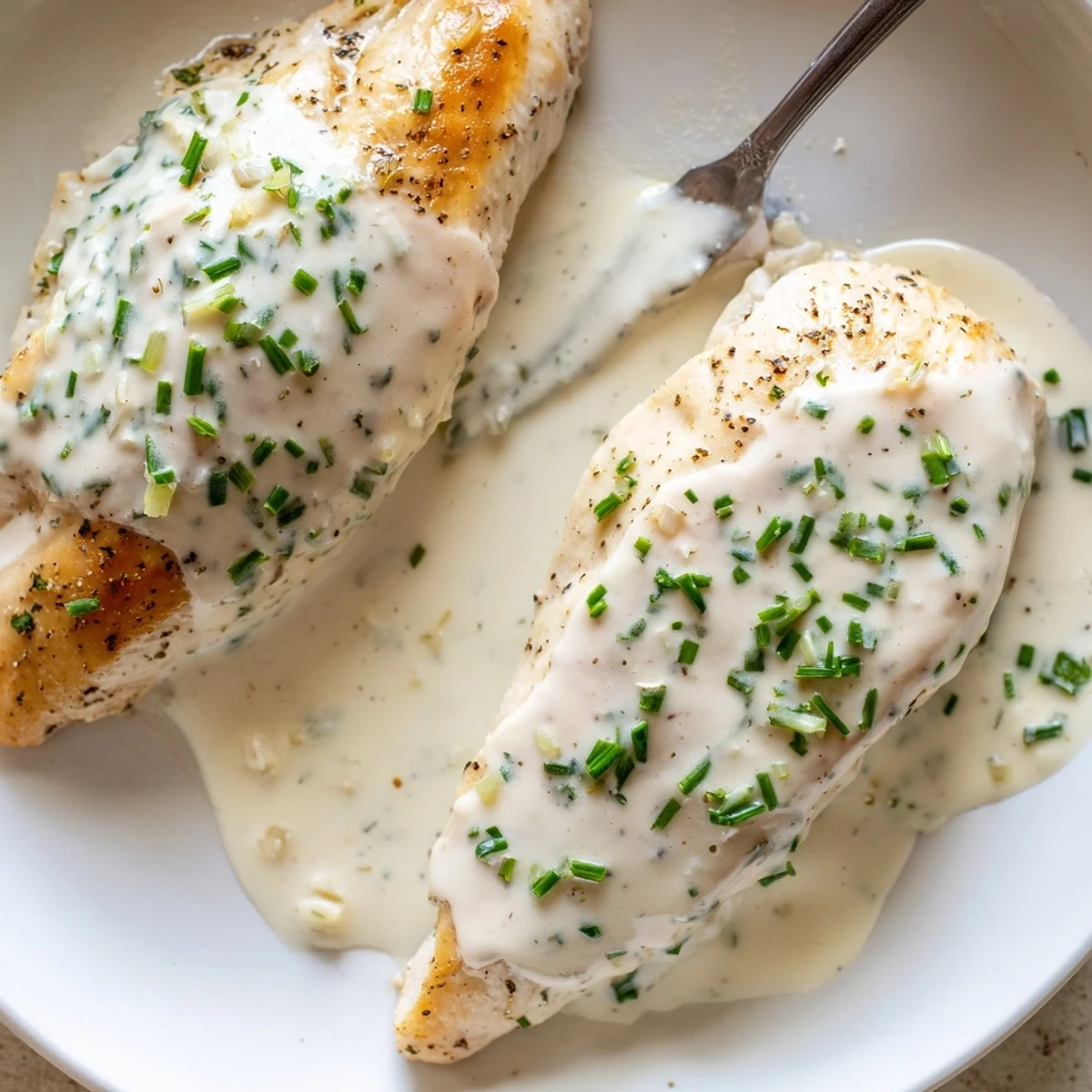 Tender cream cheese chicken breasts topped with bubbling cream sauce served over a bed of rice