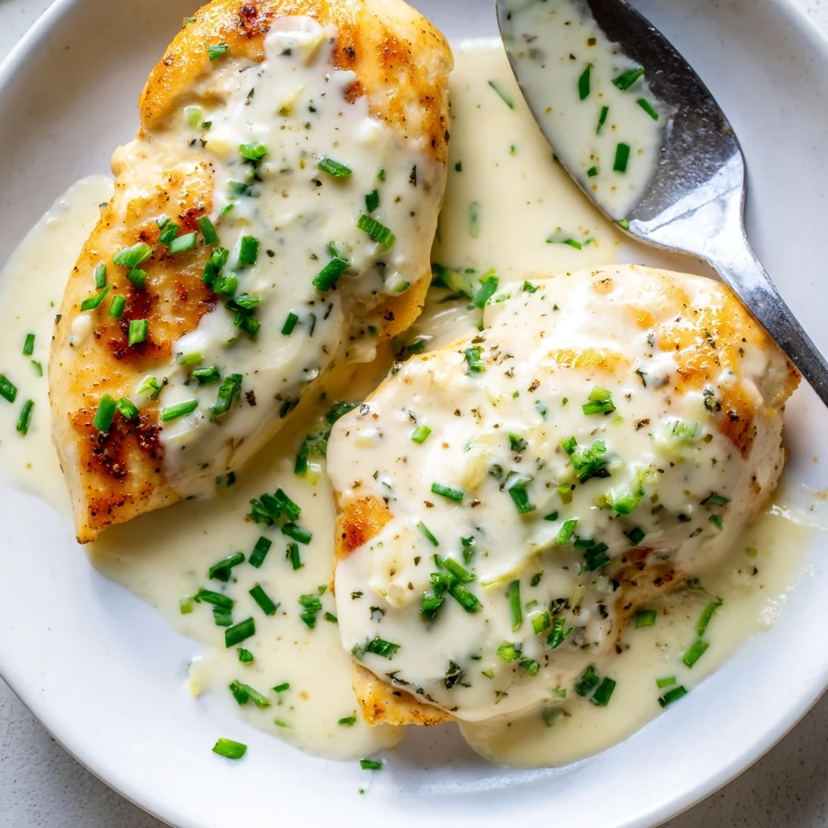 Golden seared cream cheese chicken nestled in a velvety herb sauce with fresh chopped chives