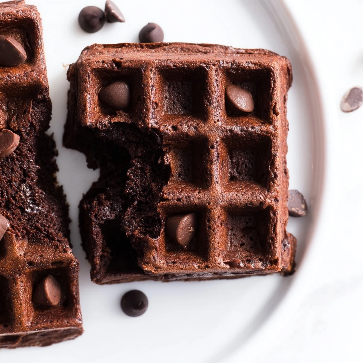 Fudgy brownie waffles with crisp edges and melty chocolate chips on a plate