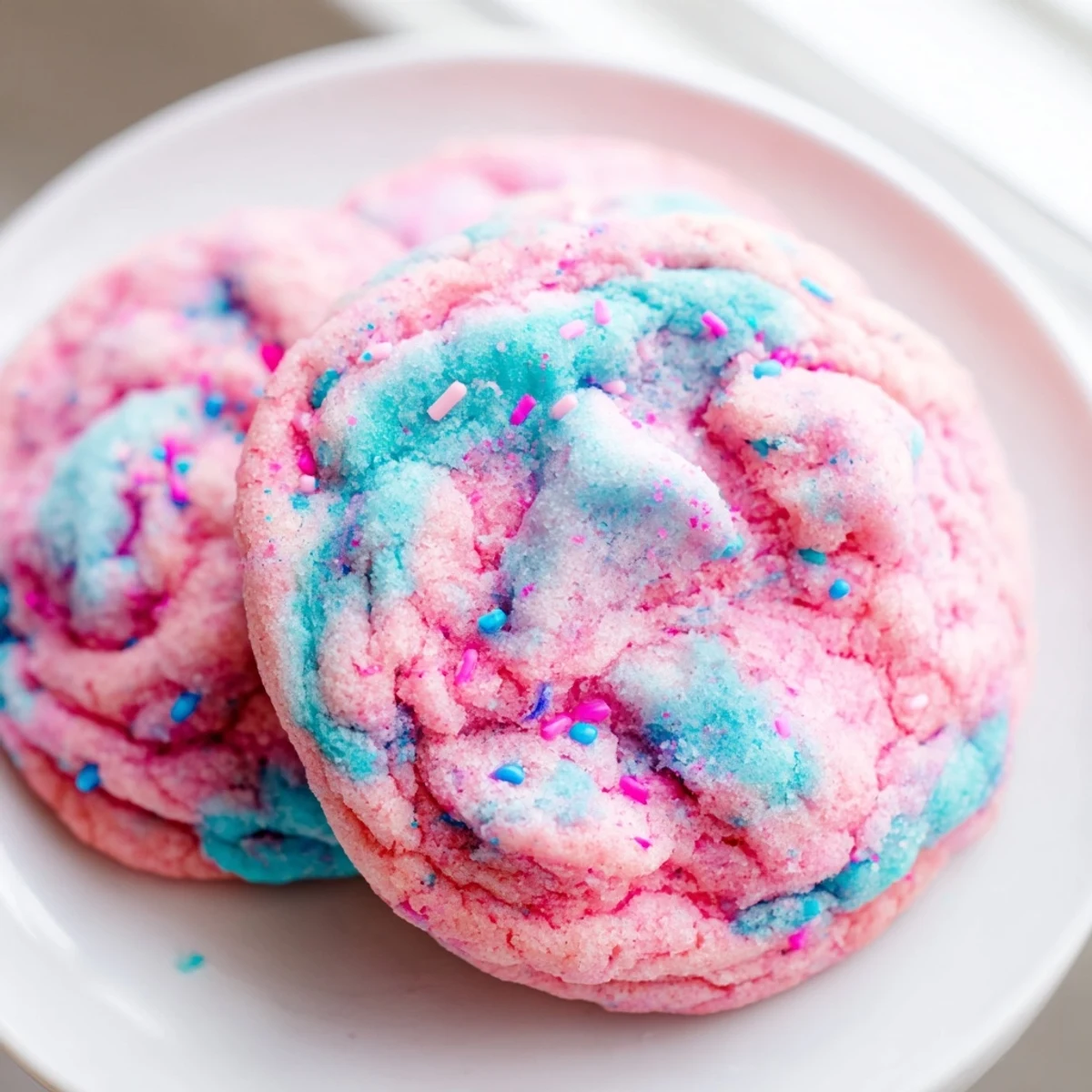 Soft cotton candy cookies with swirled pink and blue pastel dough on a parchment-lined baking sheet