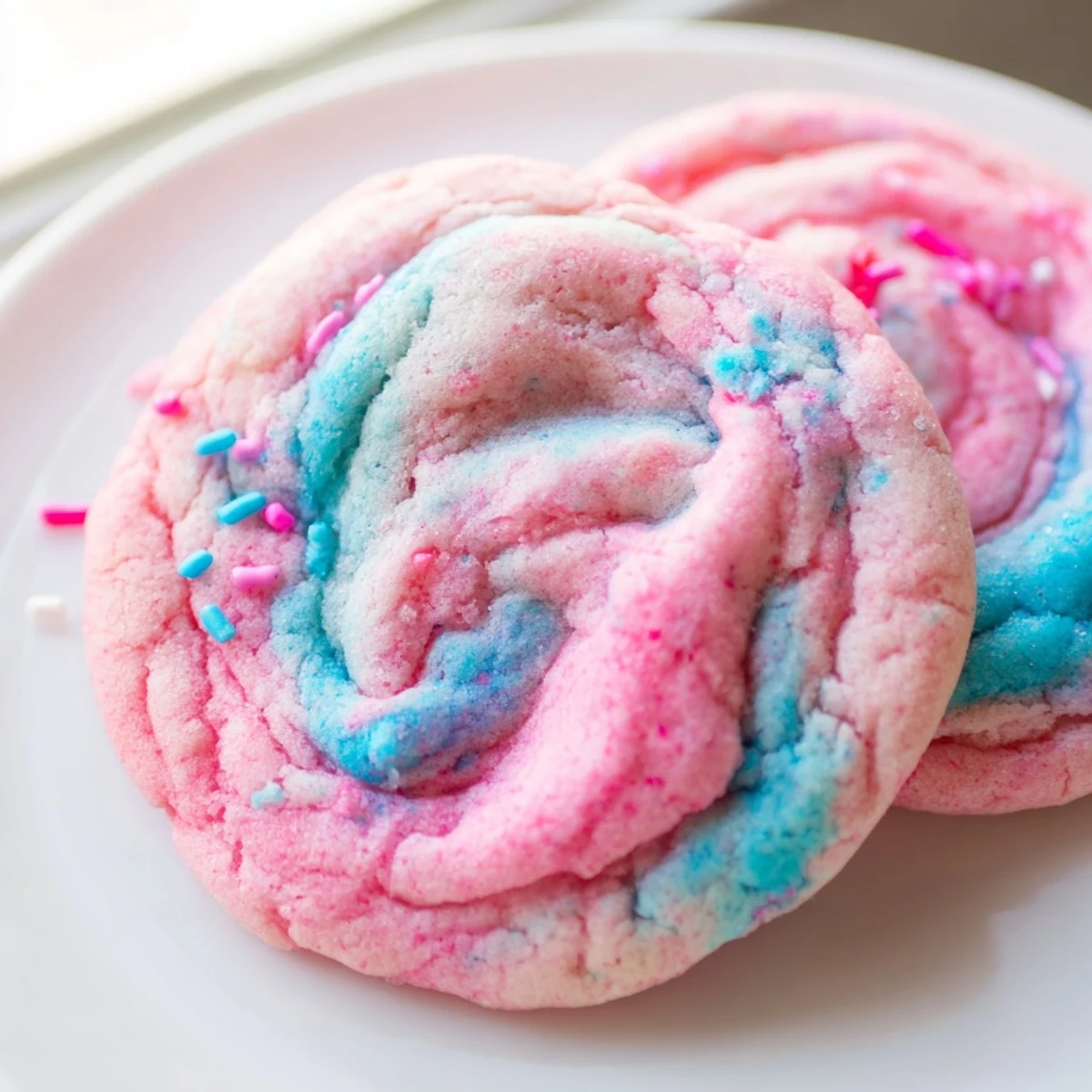 Cotton candy cookies topped with colorful sprinkles served on a decorative party dessert plate