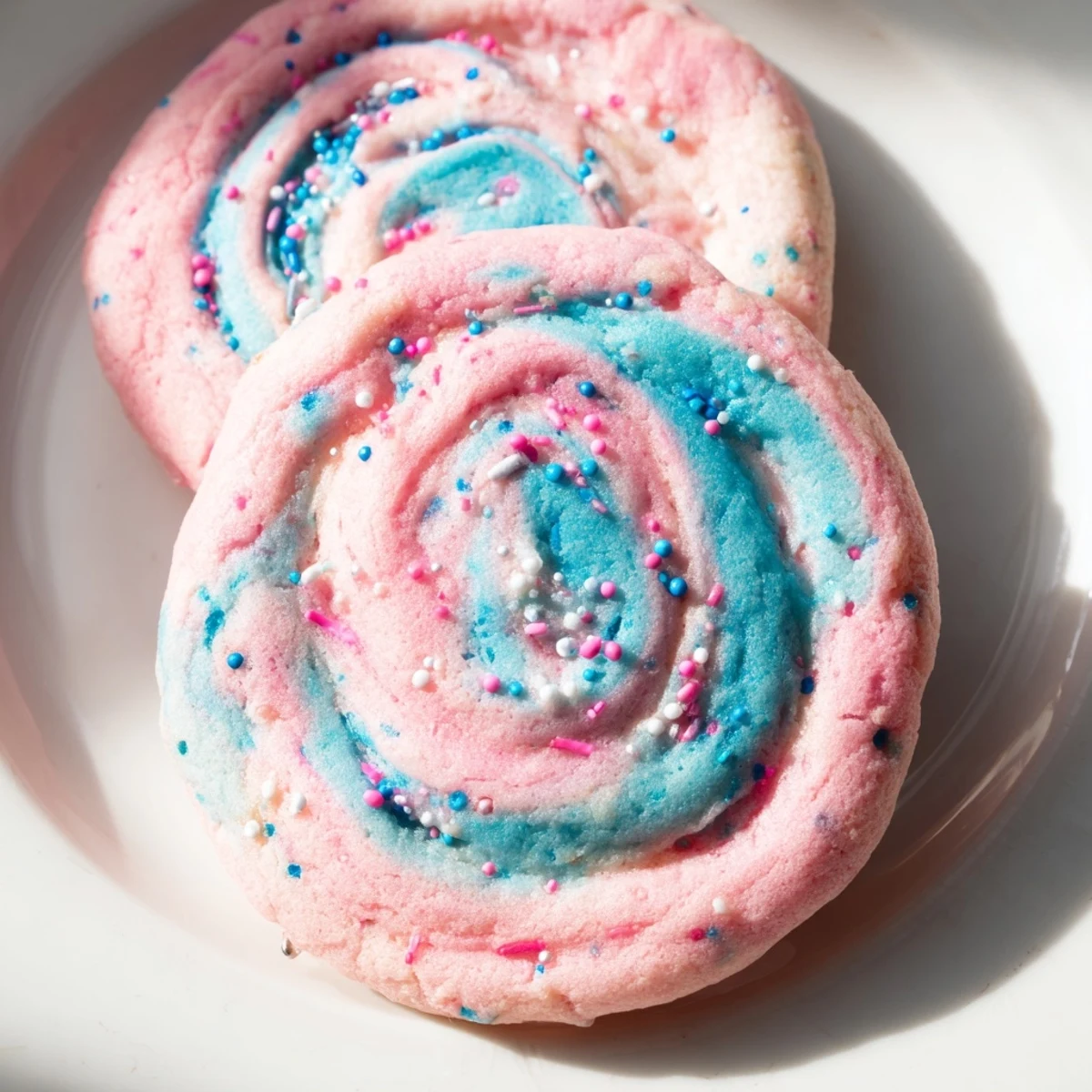 Chewy cotton candy cookies with marbled pink and blue centers cooling on a wire rack