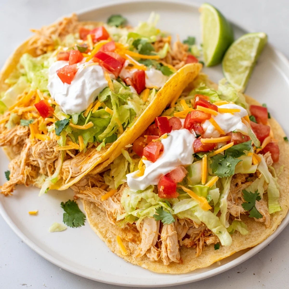 Juicy slow cooker ranch chicken tacos topped with melted cheddar and fresh cilantro