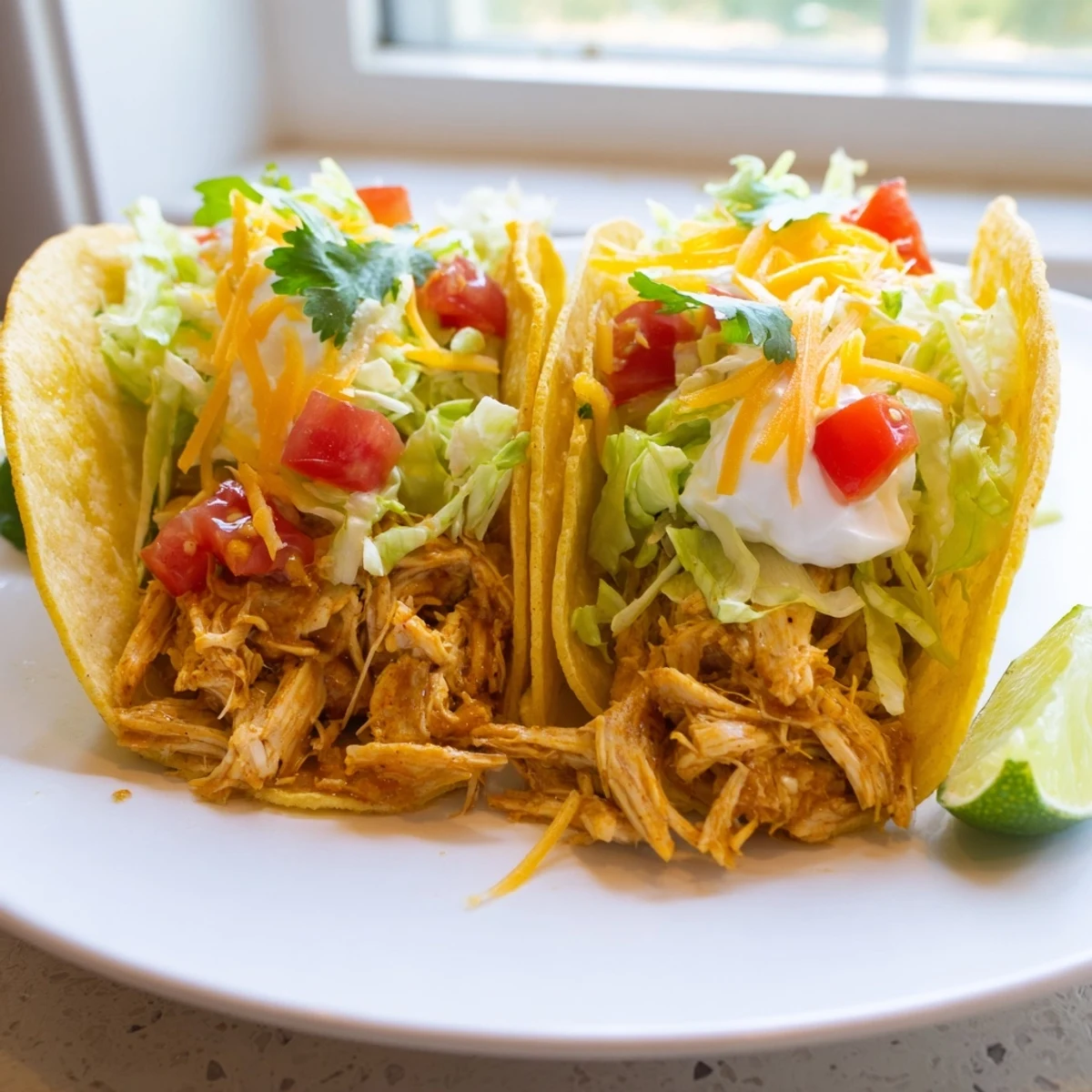 Warm corn tortillas filled with tender slow cooker ranch chicken tacos and lime