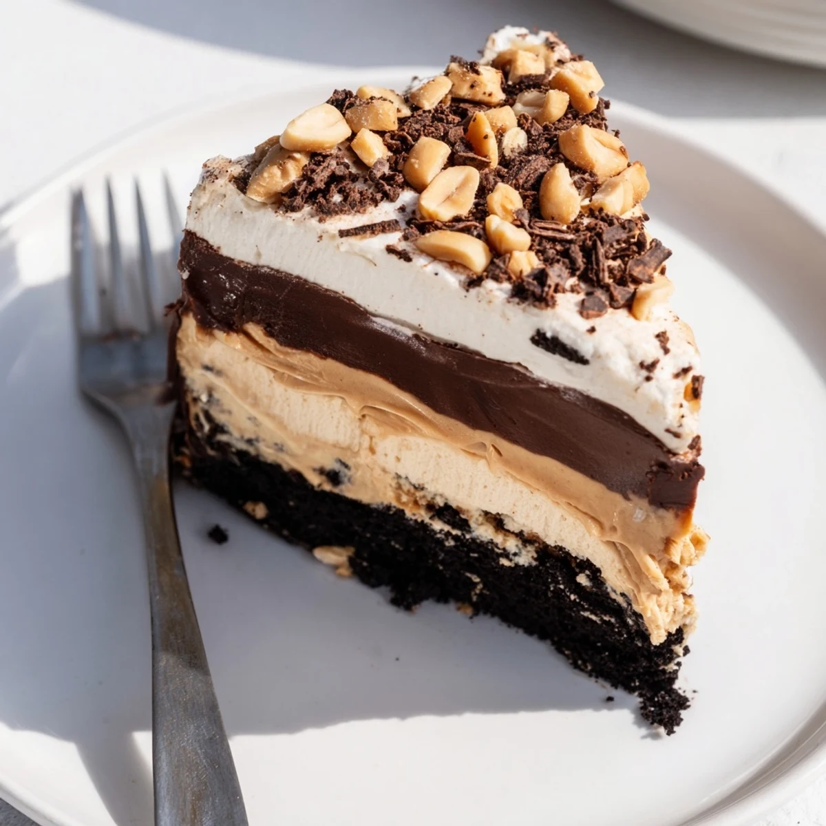 Peanut butter layered delight sliced square topped with whipped cream and peanuts