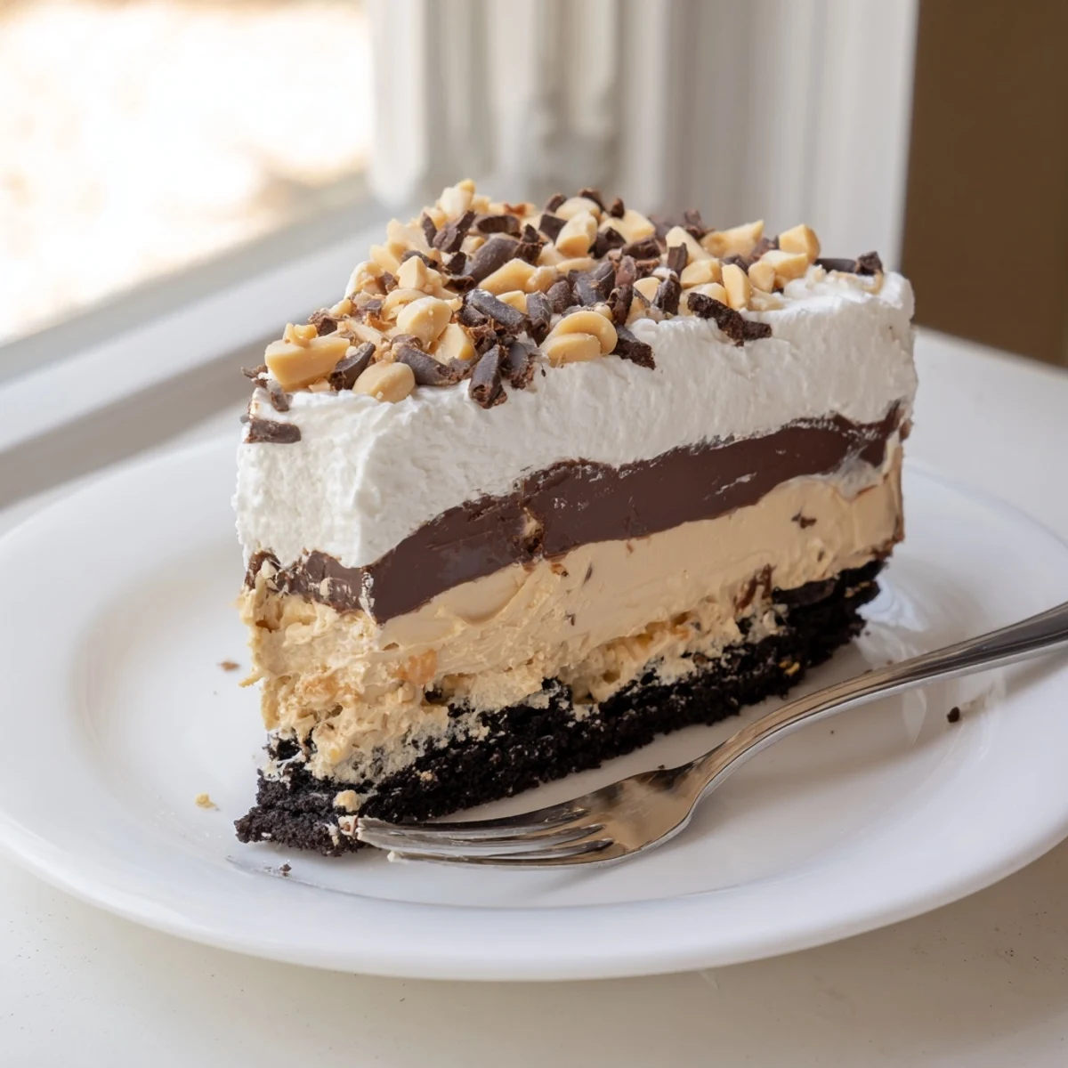 Creamy peanut butter layered delight with rich chocolate ganache and cookie crust