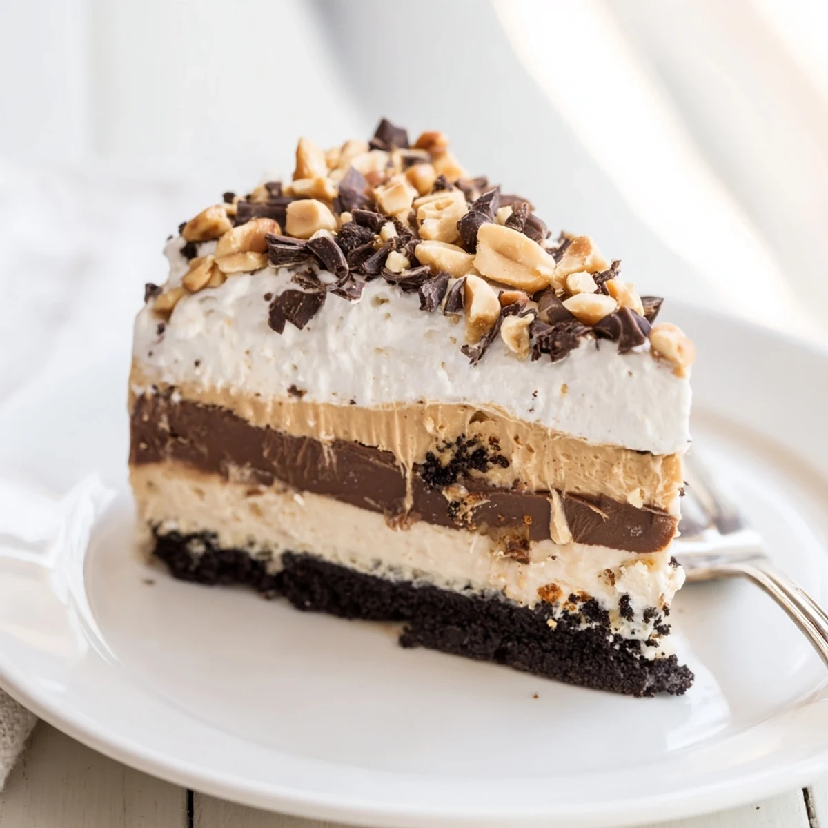 No-bake peanut butter layered delight showing velvety chocolate and peanut butter layers