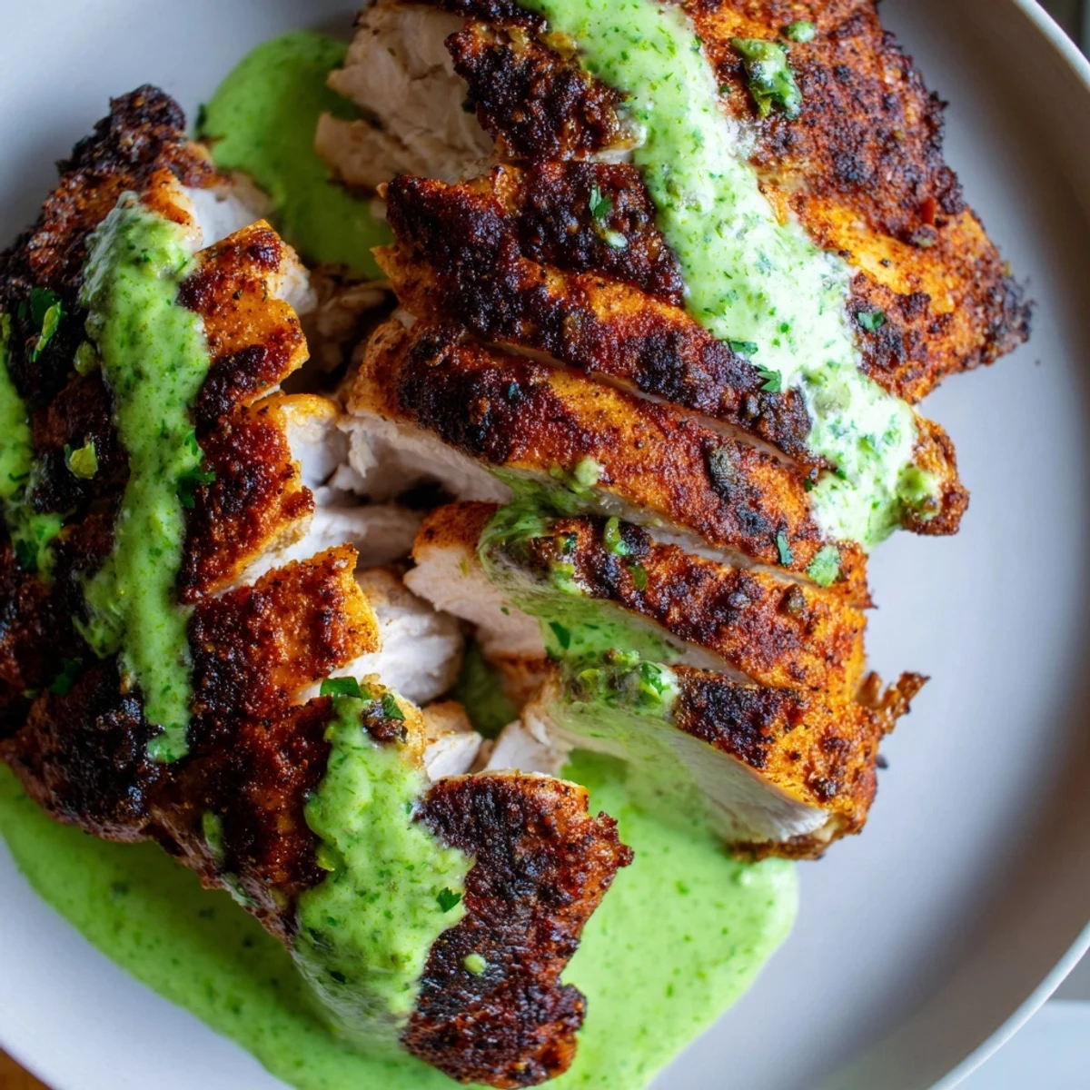 Golden roasted Peruvian Chicken Delight with crispy skin and vibrant green sauce drizzled on top