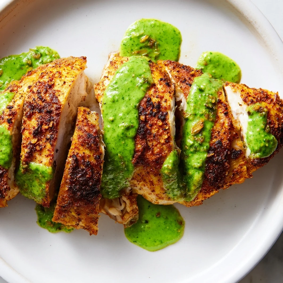 Juicy sliced Peruvian Chicken Delight plated alongside creamy cilantro aji verde on a rustic dish