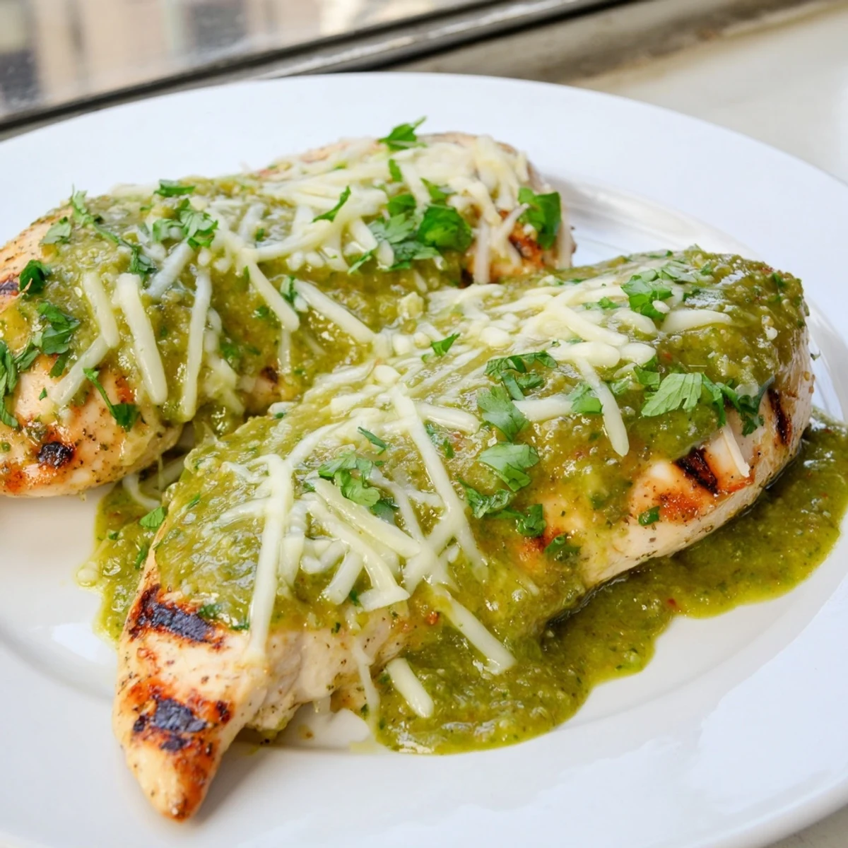 Golden grilled chicken smothered in melted Pepper Jack cheese and zesty salsa verde