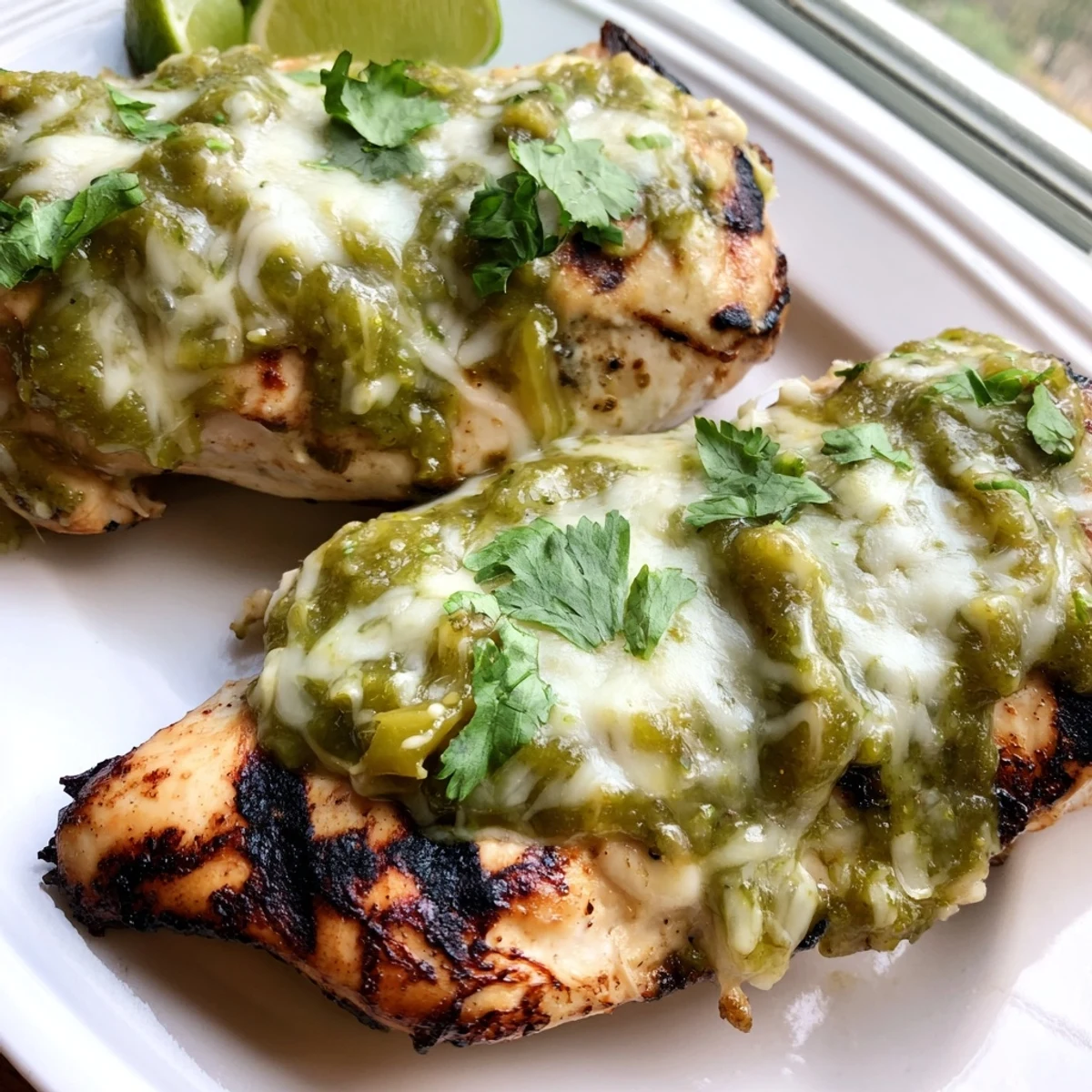 Cheesy Grilled Salsa Verde Pepper Jack Chicken topped with cilantro on a rustic platter