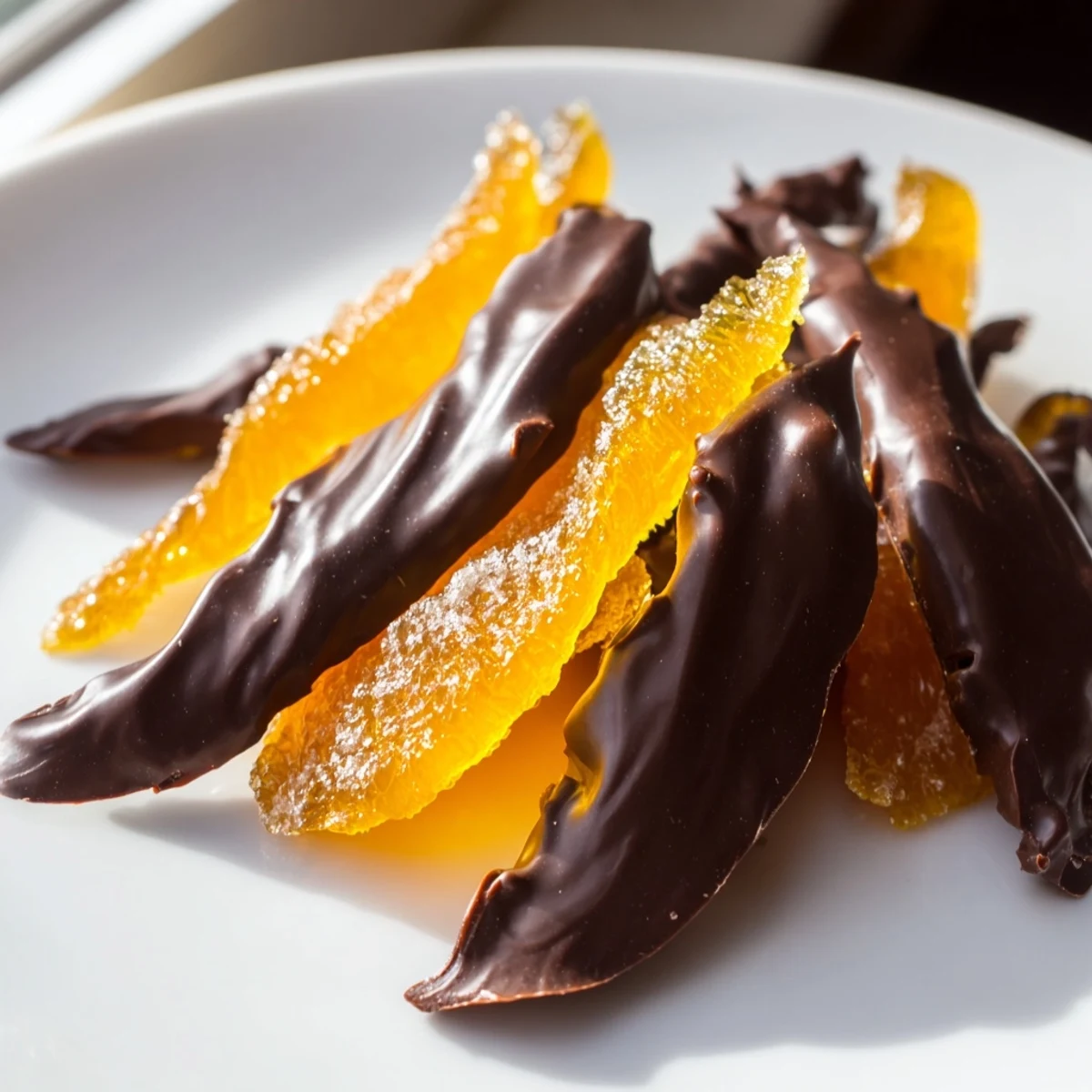 Glistening chocolate covered orange peels arranged on parchment with rich dark coating