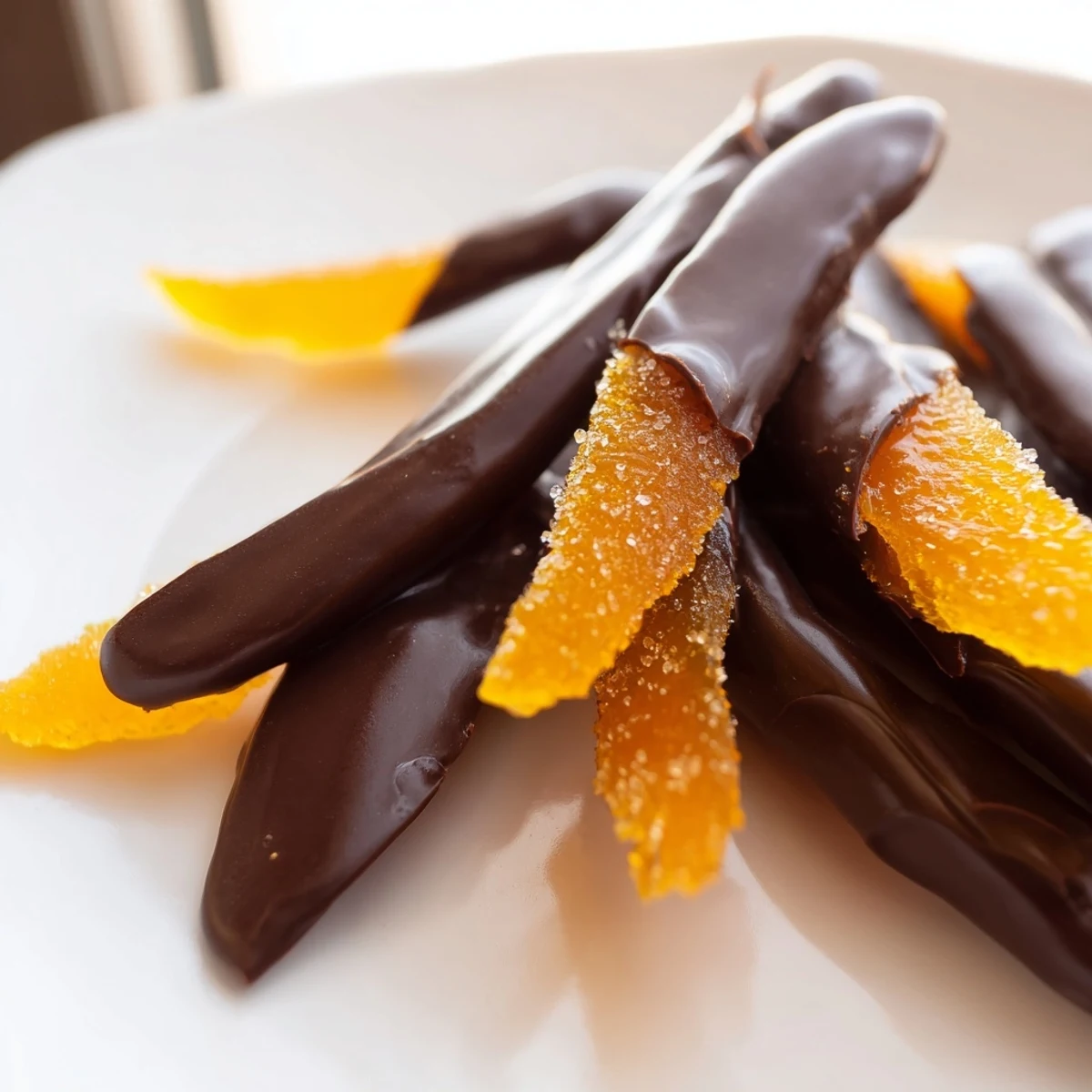 Elegant chocolate covered orange peels dusted with sugar on a rustic wooden board