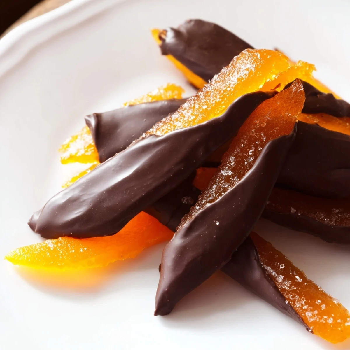 Candied chocolate covered orange peels with glossy dark chocolate drizzled over translucent strips