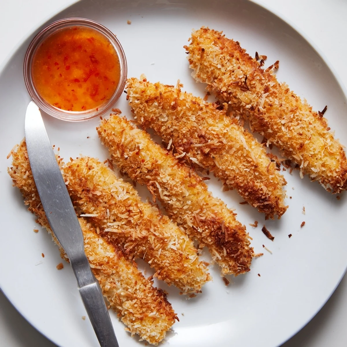 Golden crunchy coconut chicken strips served hot with sweet chili dipping sauce