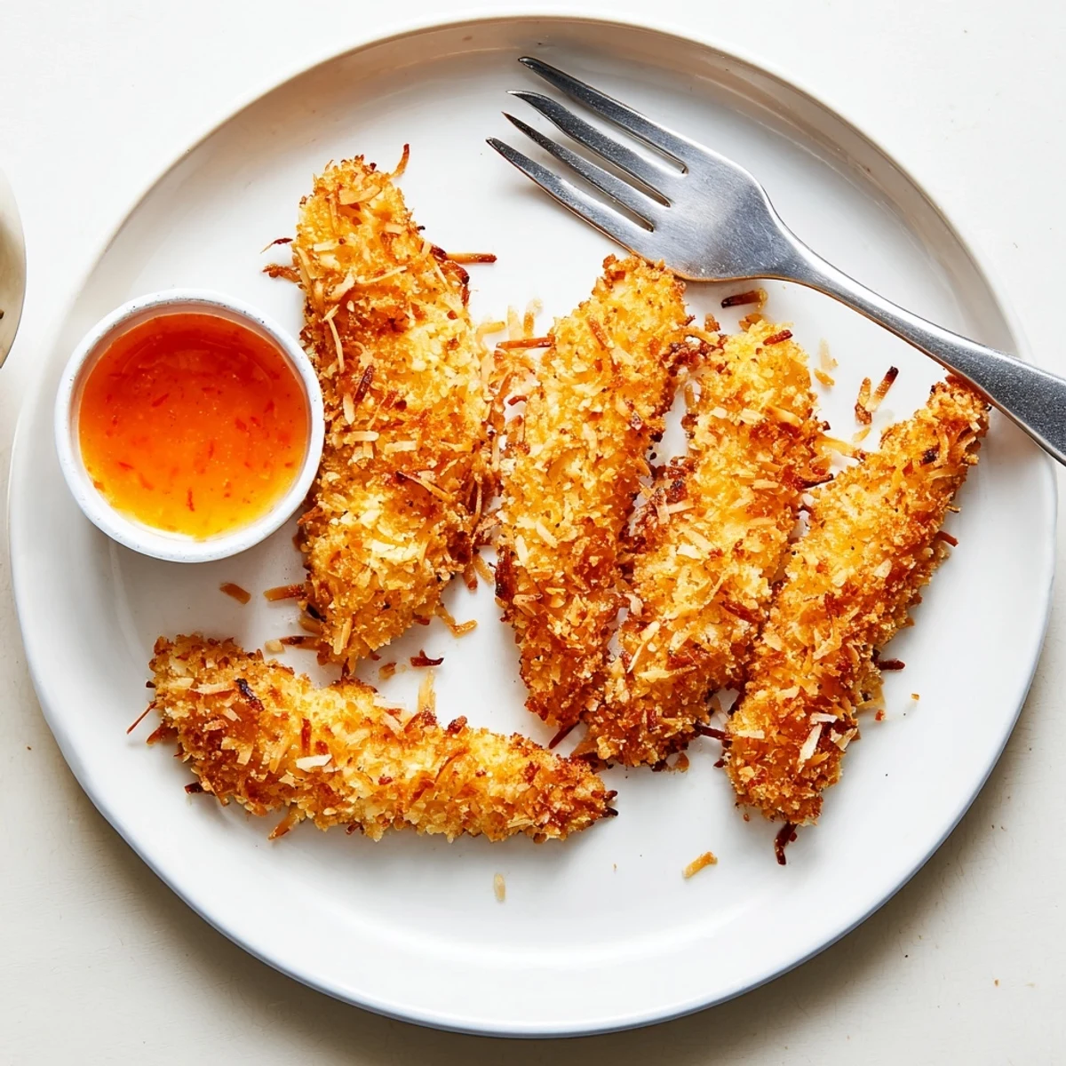 Juicy coconut chicken tenders fresh from the skillet with a golden panko crust