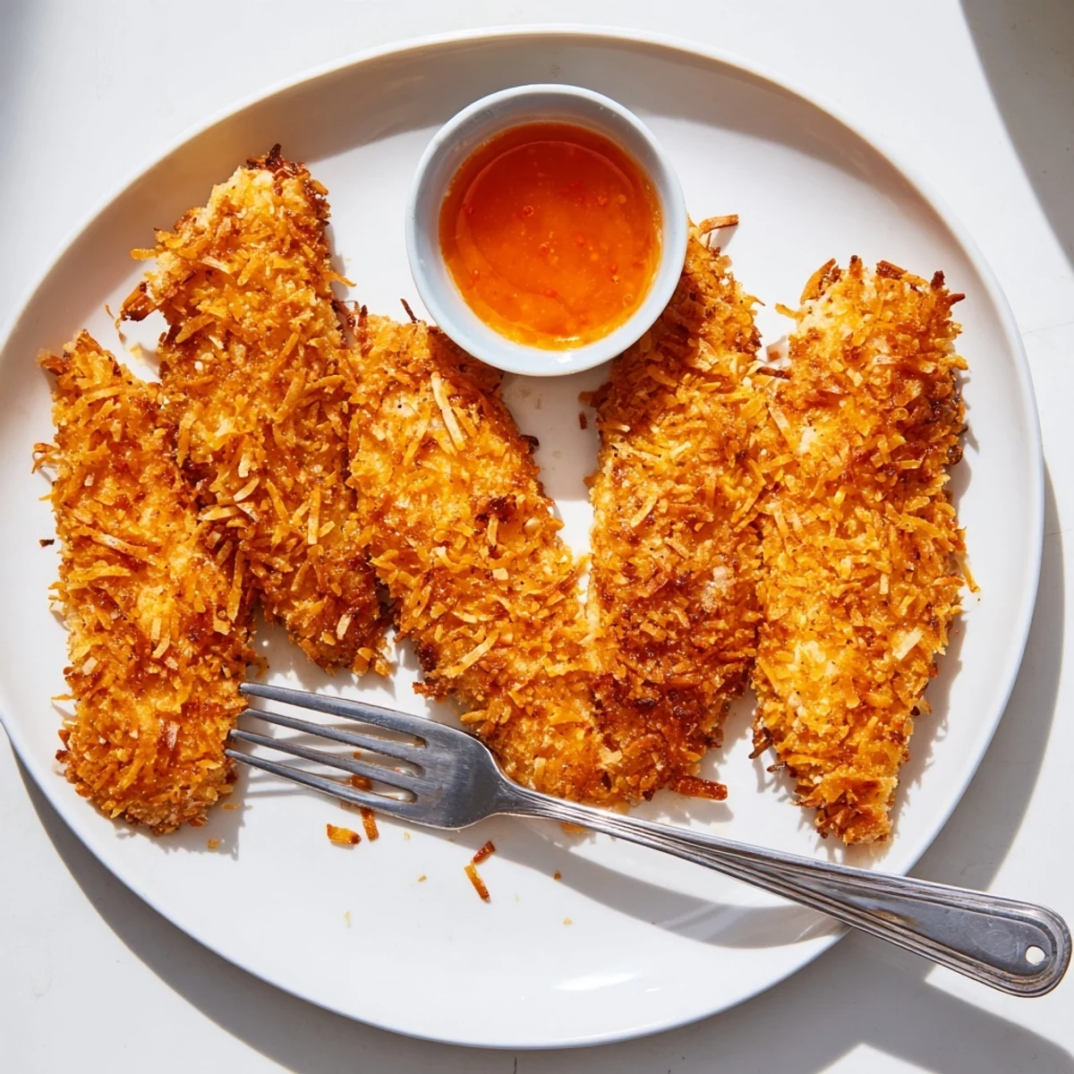Crispy coconut chicken bites arranged on a rustic wooden serving platter