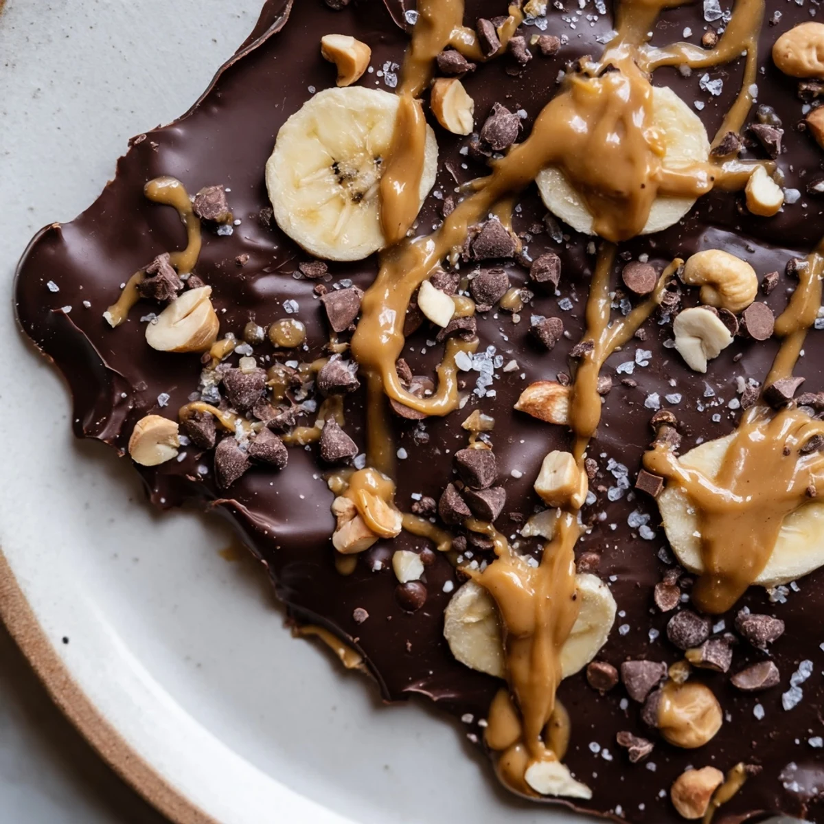 Viral chocolate banana bark topped with crushed nuts and a flaky salt finish