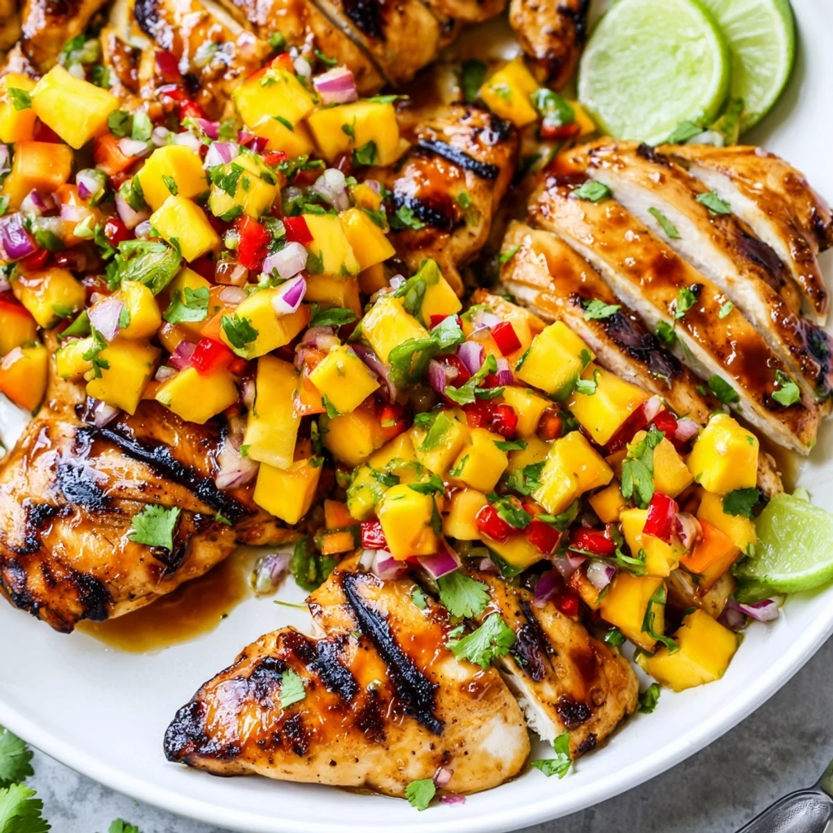 Golden honey lime chicken with colorful mango salsa on a rustic plate