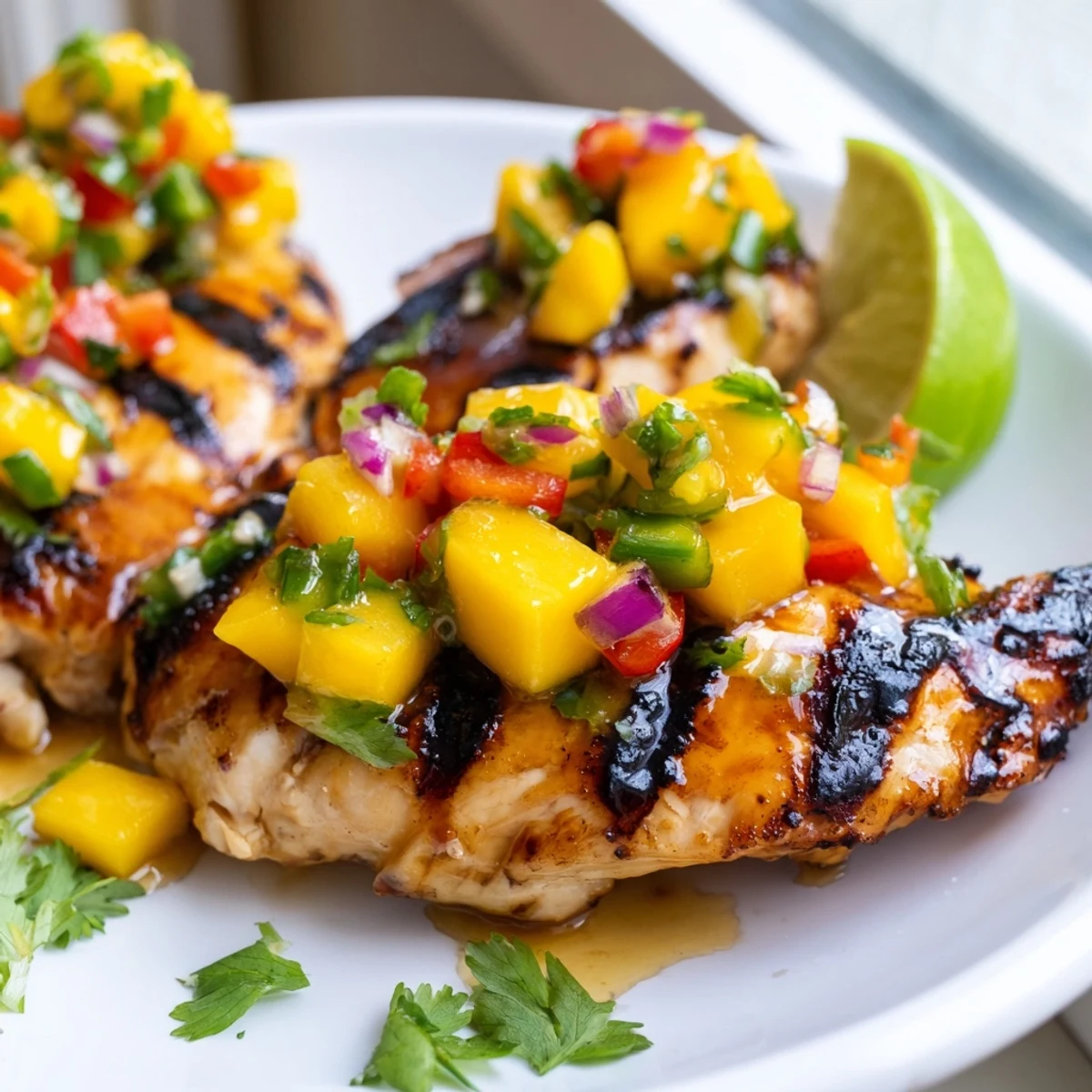 Juicy honey lime chicken breasts served with fresh diced mango salsa garnish