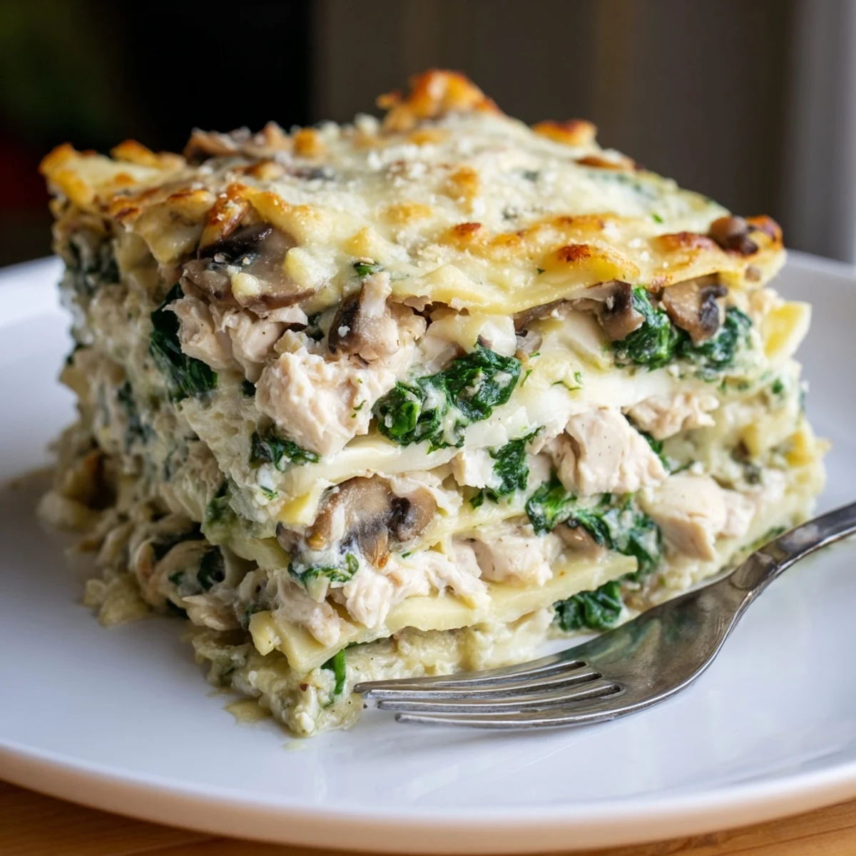 White chicken lasagna sliced square showing rich ricotta and melted mozzarella filling