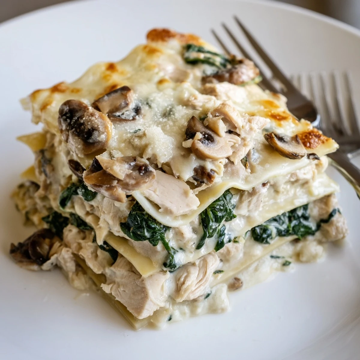 Creamy white chicken lasagna with golden bubbly cheese and tender spinach layers