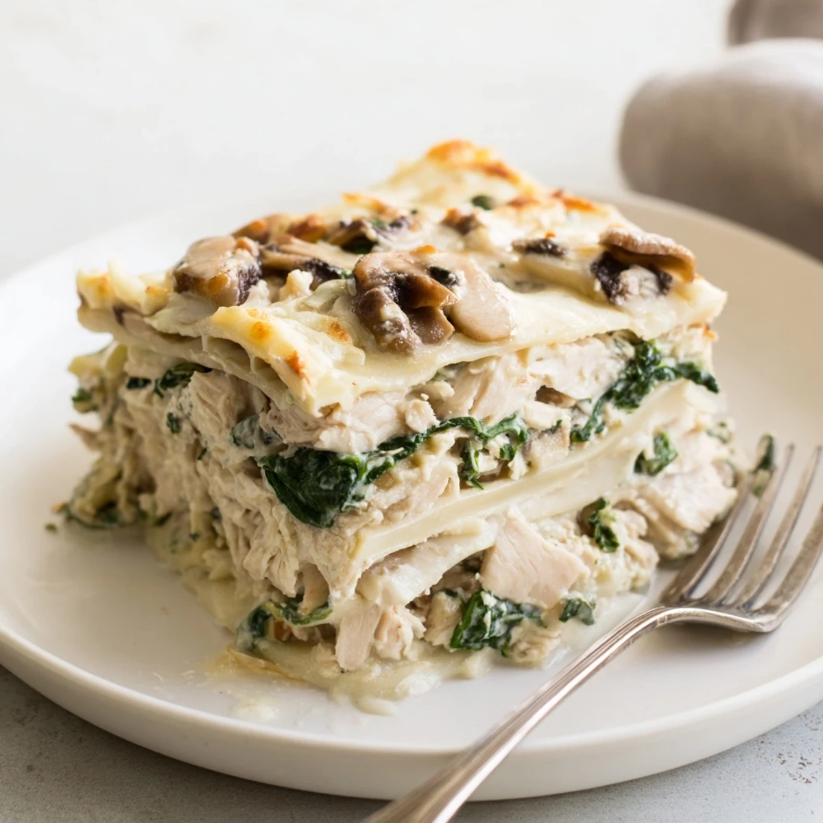 Golden baked white chicken lasagna topped with Parmesan in a rustic baking dish