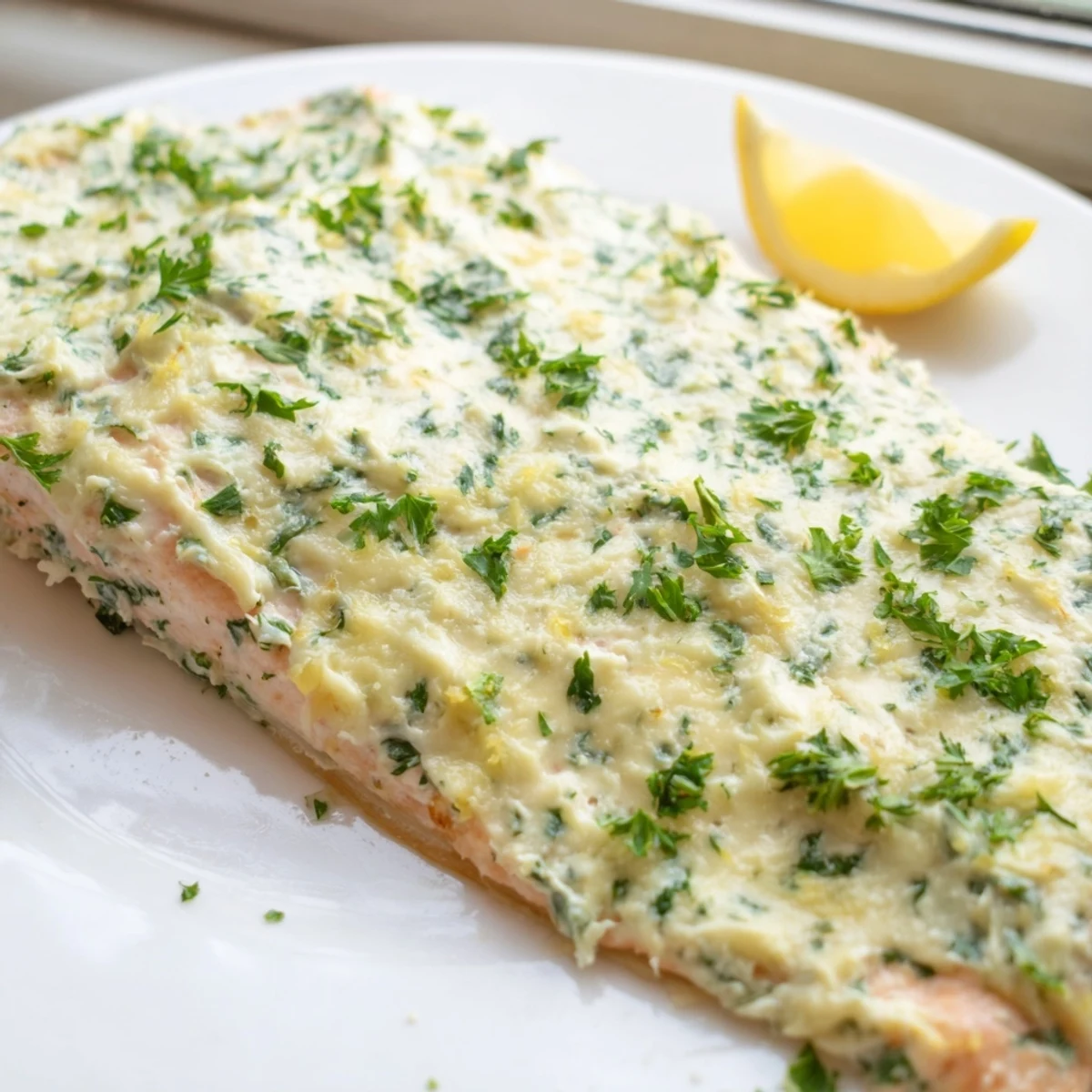Tender Boursin salmon fillets covered in melted garlic herb cheese on parchment