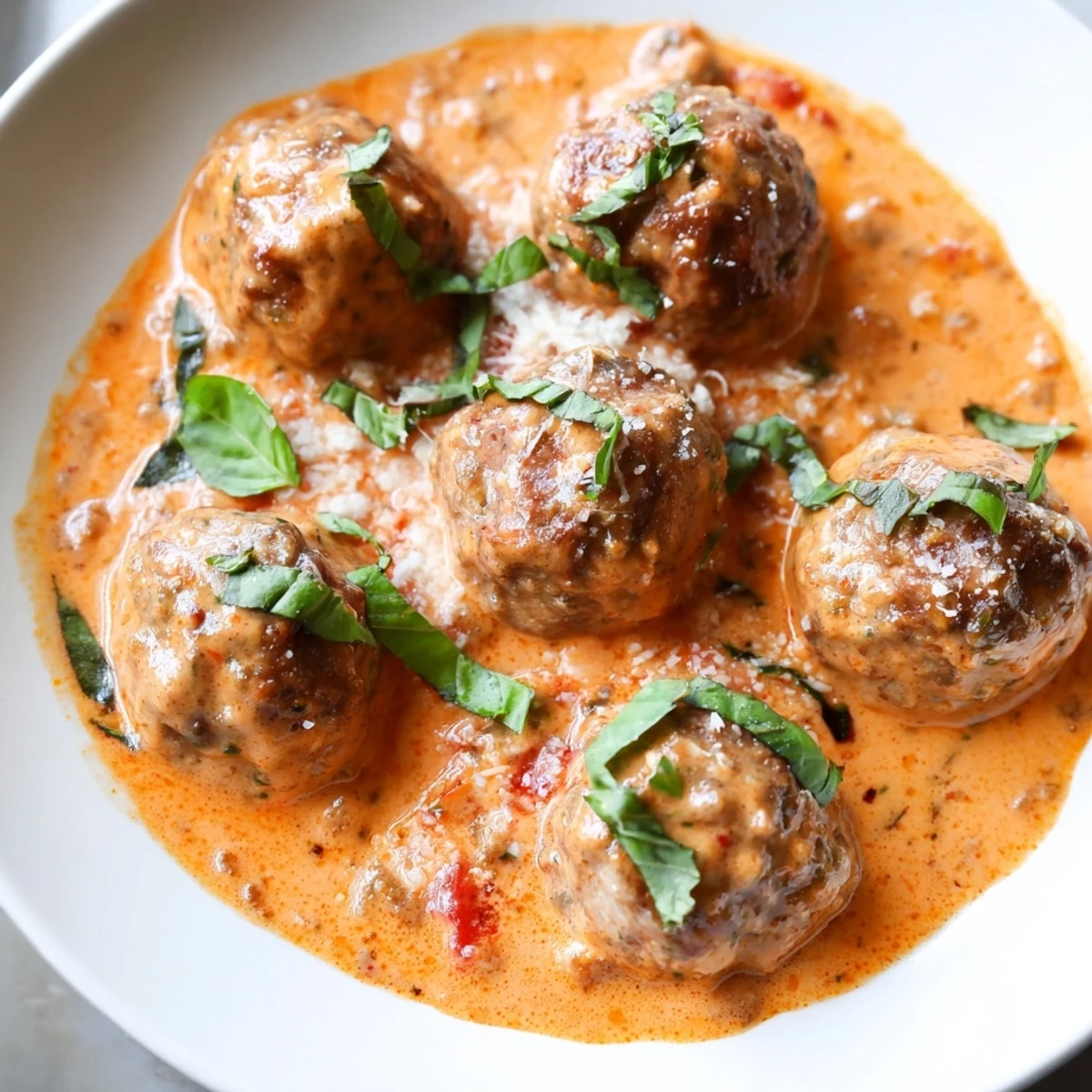 Golden creamy tomato basil meatballs smothered in a rich, velvety red sauce sprinkled with fresh herbs