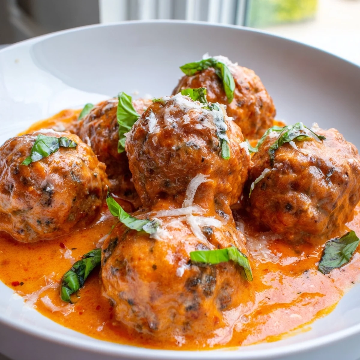 Tender creamy tomato basil meatballs resting in a bubbling skillet ready to be served over pasta