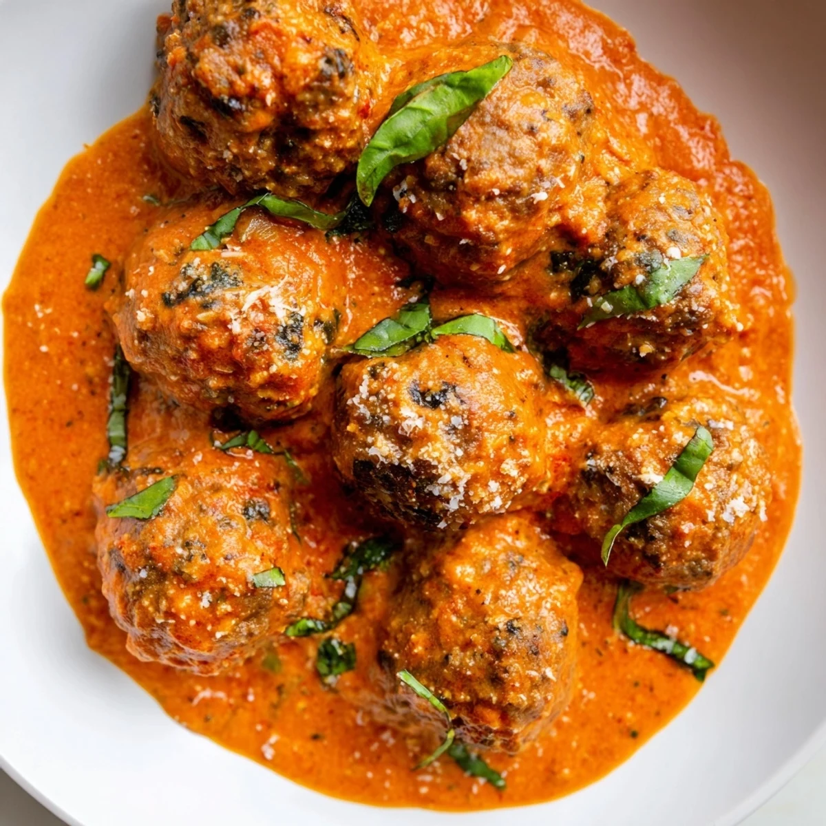 Juicy homemade creamy tomato basil meatballs draped in a luscious tomato cream sauce with torn basil leaves